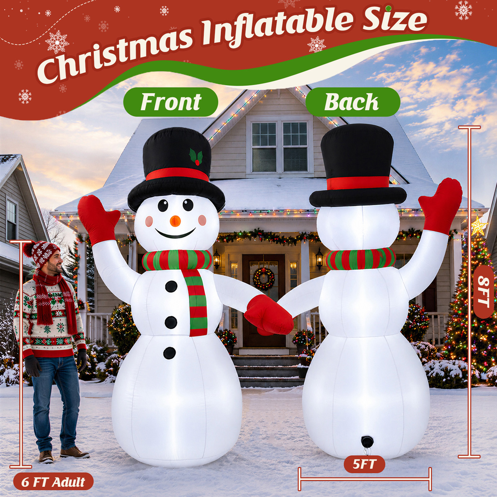 8ft Snowman Christmas Inflatables, Blow up with LED Lights Built-in for Holiday/Party/Yard/Garden Decoration details