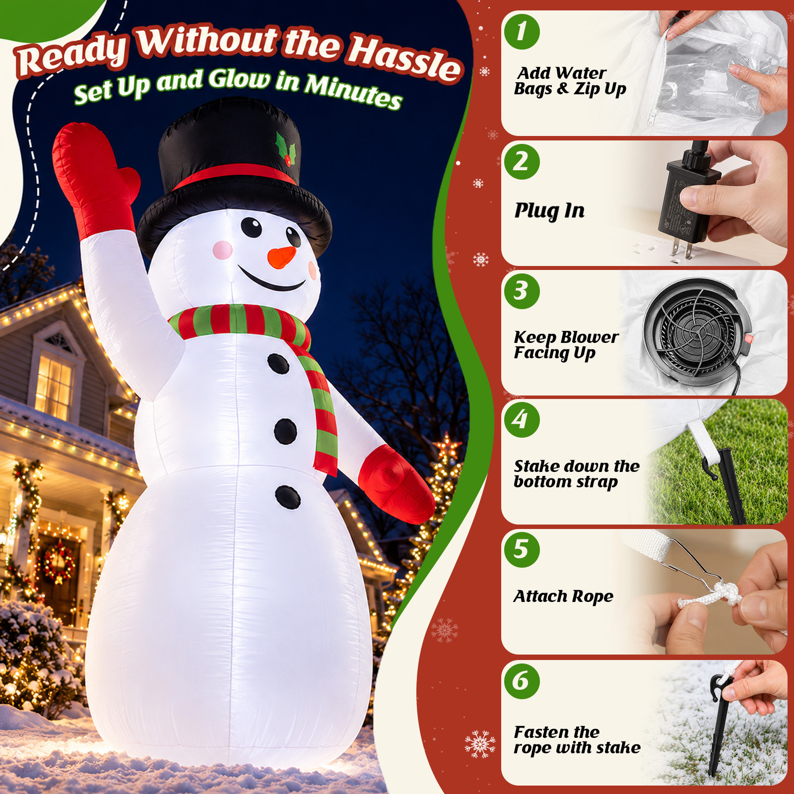 8ft Snowman Christmas Inflatables, Blow up with LED Lights Built-in for Holiday/Party/Yard/Garden Decoration details
