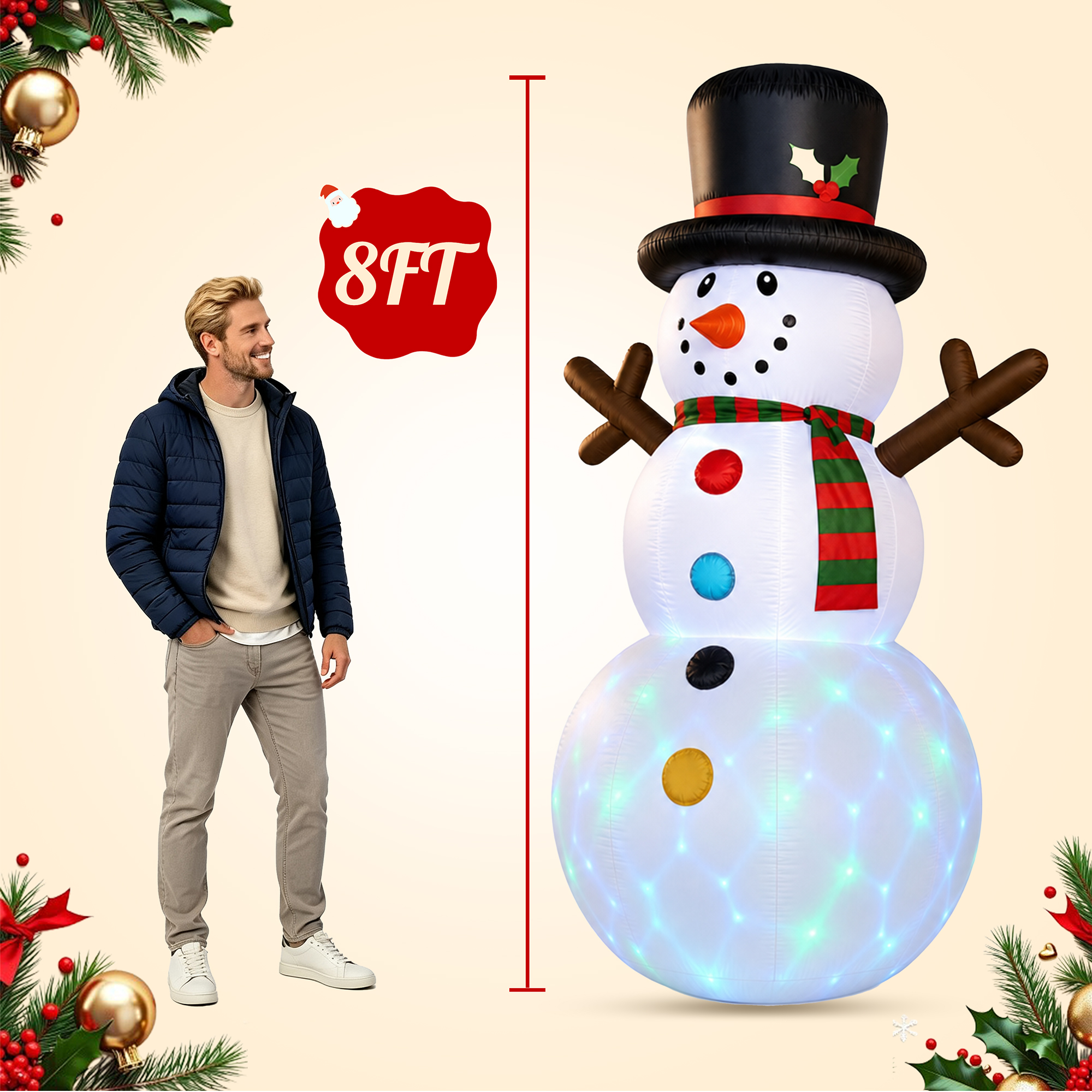 8FT Christmas Inflatable Snowman, Built-in light up for Indoor Outdoor Decoration Xmas Party Decor details