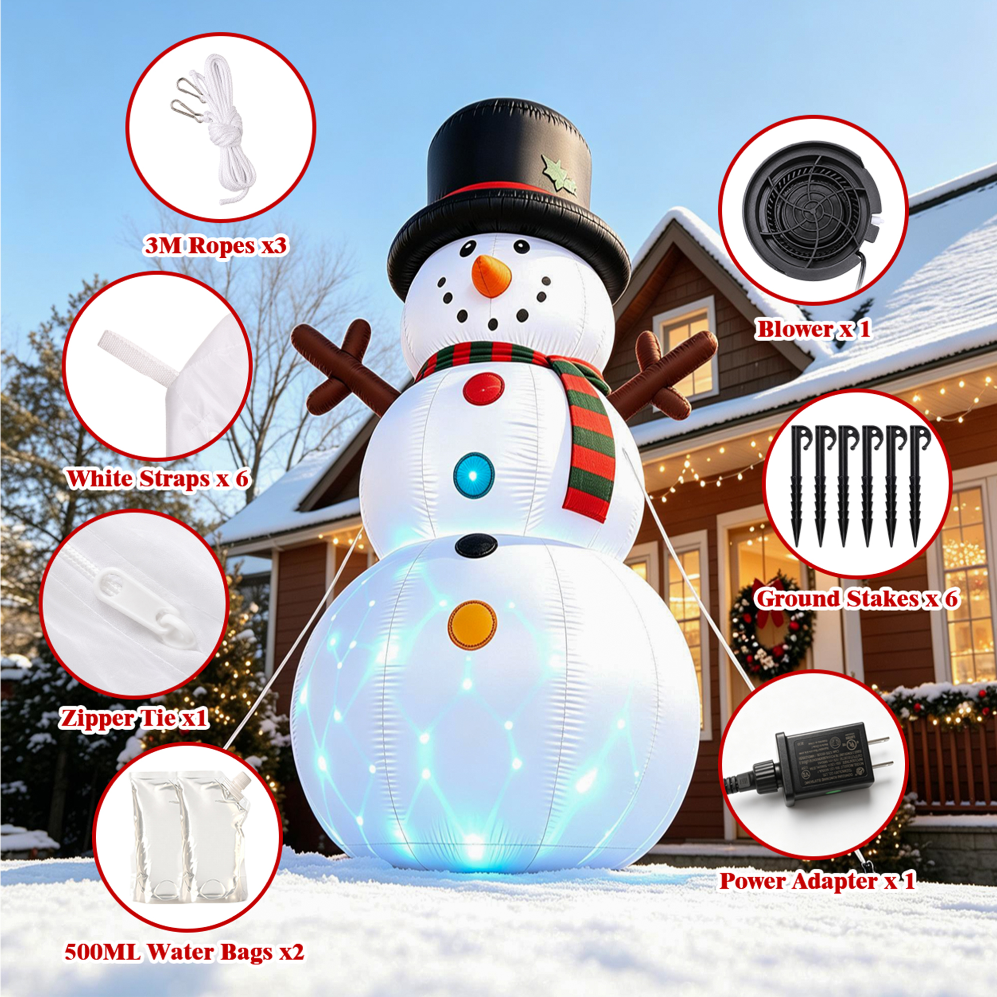 8FT Christmas Inflatable Snowman, Built-in light up for Indoor Outdoor Decoration Xmas Party Decor details