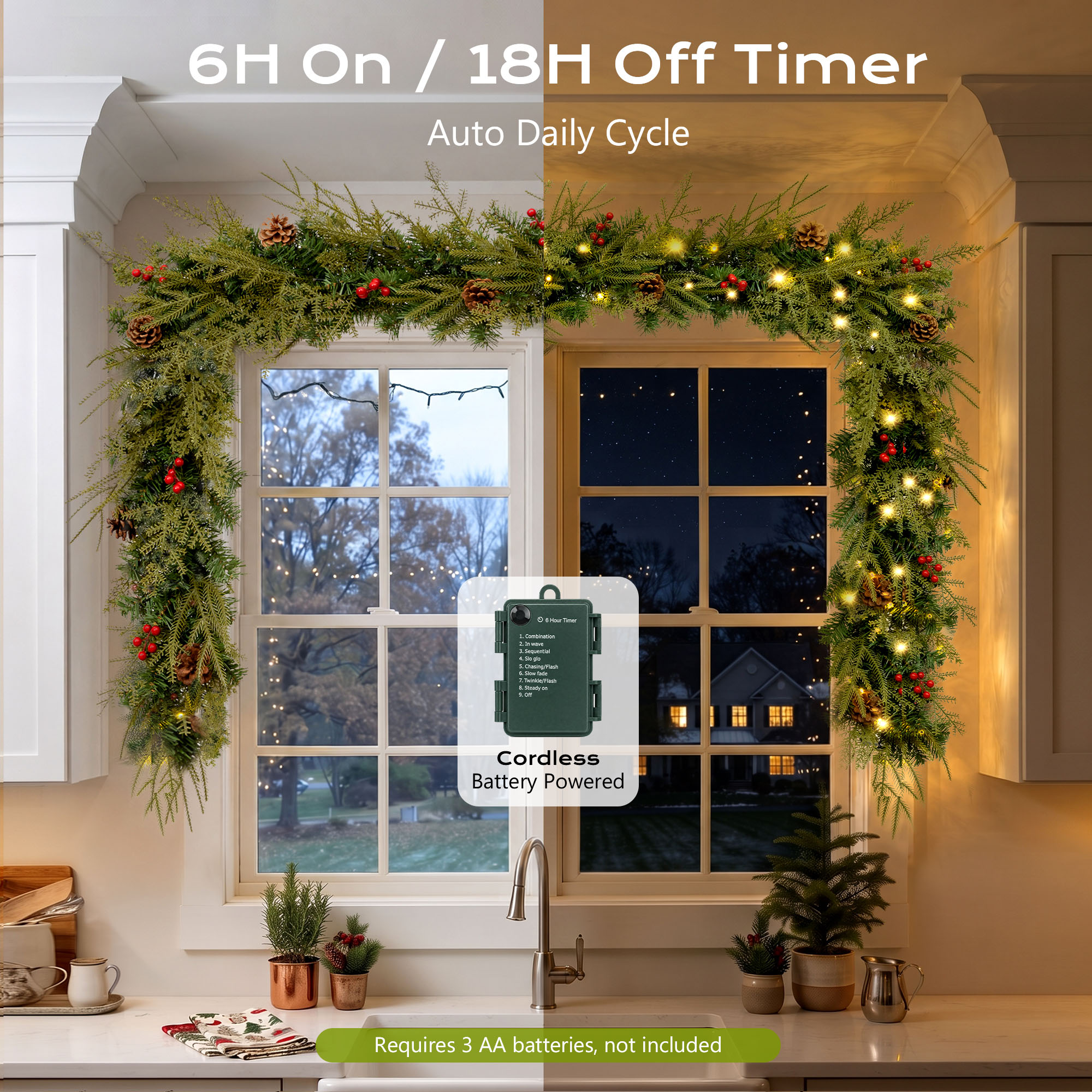 2 Pack - 9ft Outdoor Pre-Lit Christmas Garland, PE+PVC Lighted Pine Garland for Fireplace Mantel with Lights & Timer, 8 Modes, Battery Operated, Green details