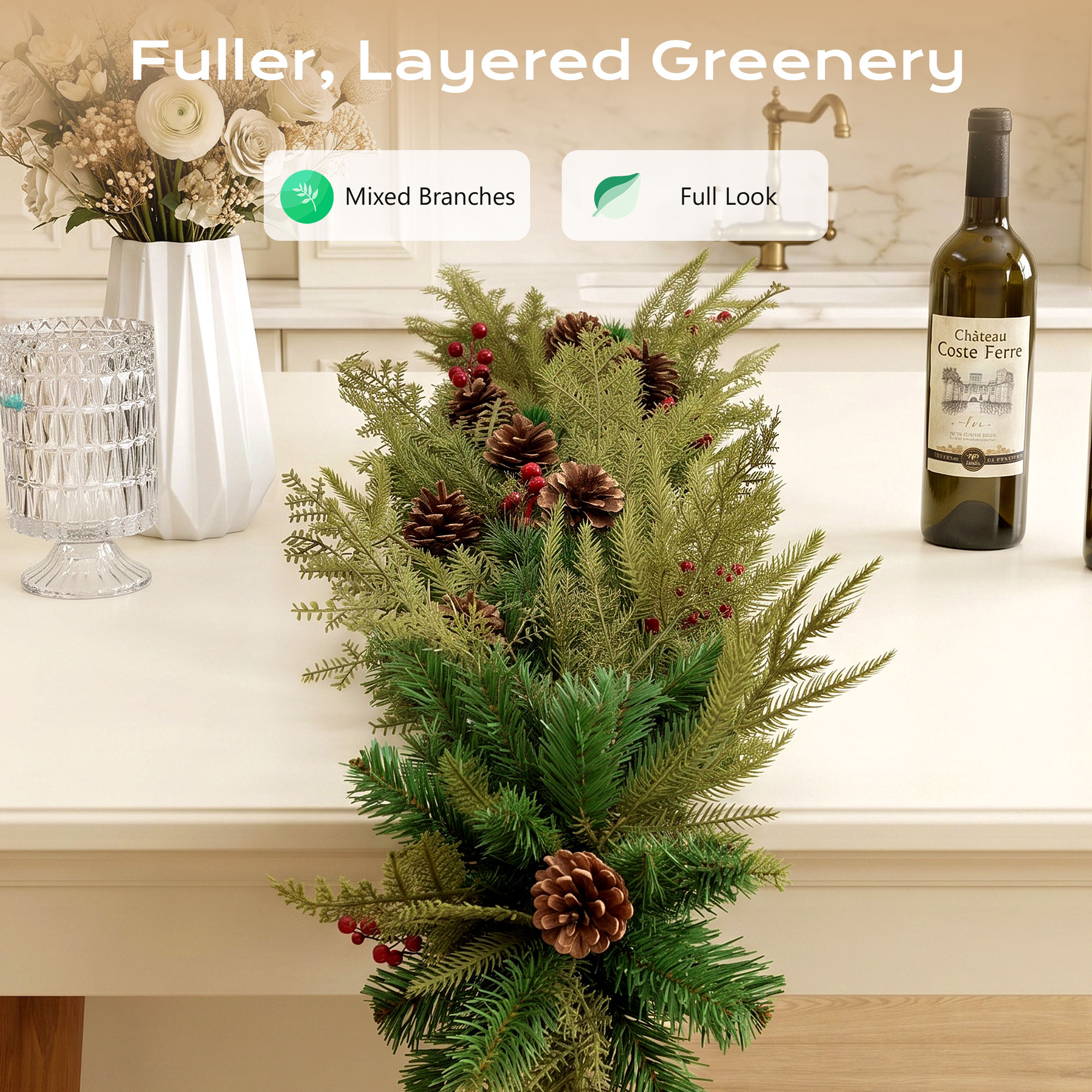 9ft Outdoor Pre-Lit Christmas Garland, PE+PVC Lighted Pine Garland for Fireplace Mantel with Lights & Timer, 8 Modes, Battery Operated, Green details