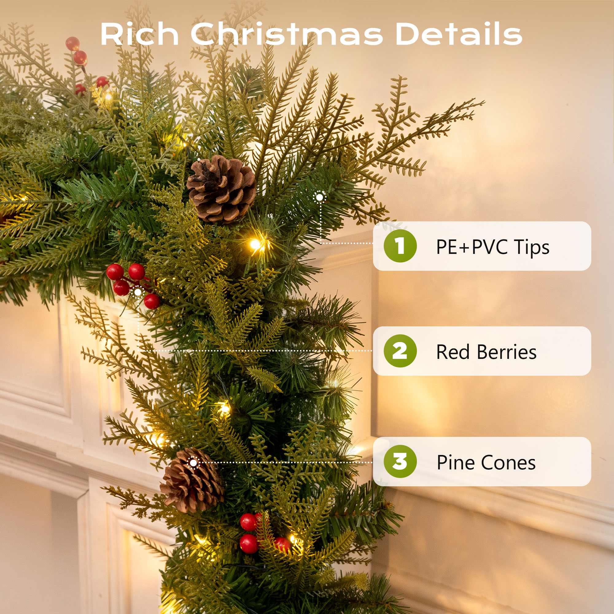 9ft Outdoor Pre-Lit Christmas Garland, PE+PVC Lighted Pine Garland for Fireplace Mantel with Lights & Timer, 8 Modes, Battery Operated, Green details
