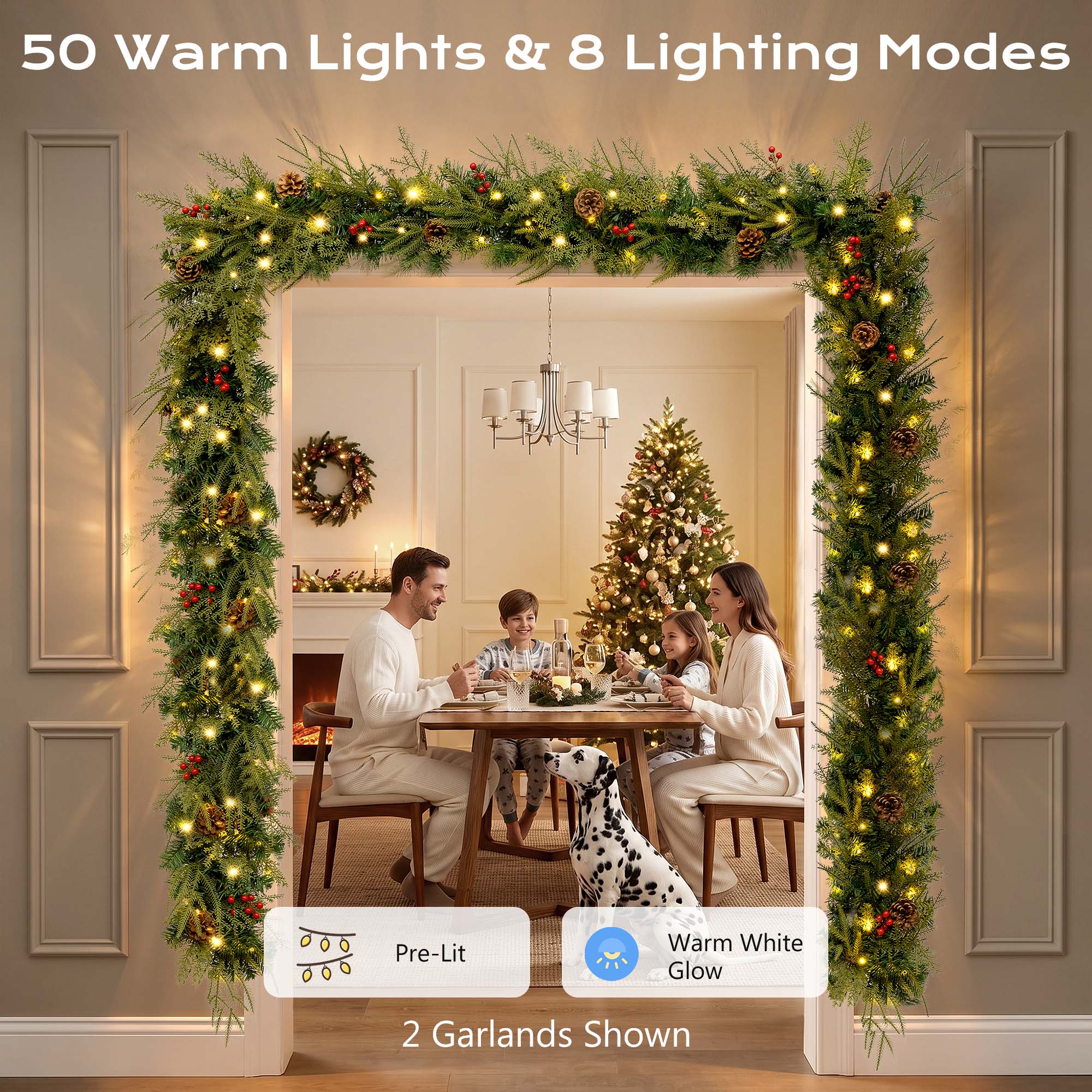 9ft Outdoor Pre-Lit Christmas Garland, PE+PVC Lighted Pine Garland for Fireplace Mantel with Lights & Timer, 8 Modes, Battery Operated, Green details