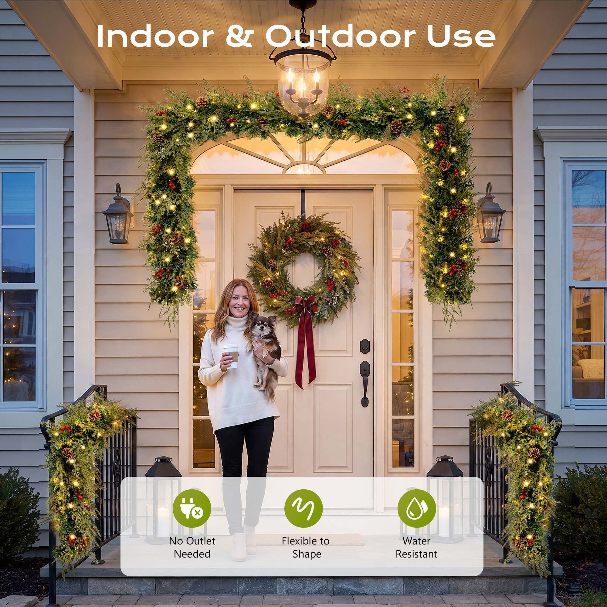 9ft Outdoor Pre-Lit Christmas Garland, PE+PVC Lighted Pine Garland for Fireplace Mantel with Lights & Timer, 8 Modes, Battery Operated, Green details