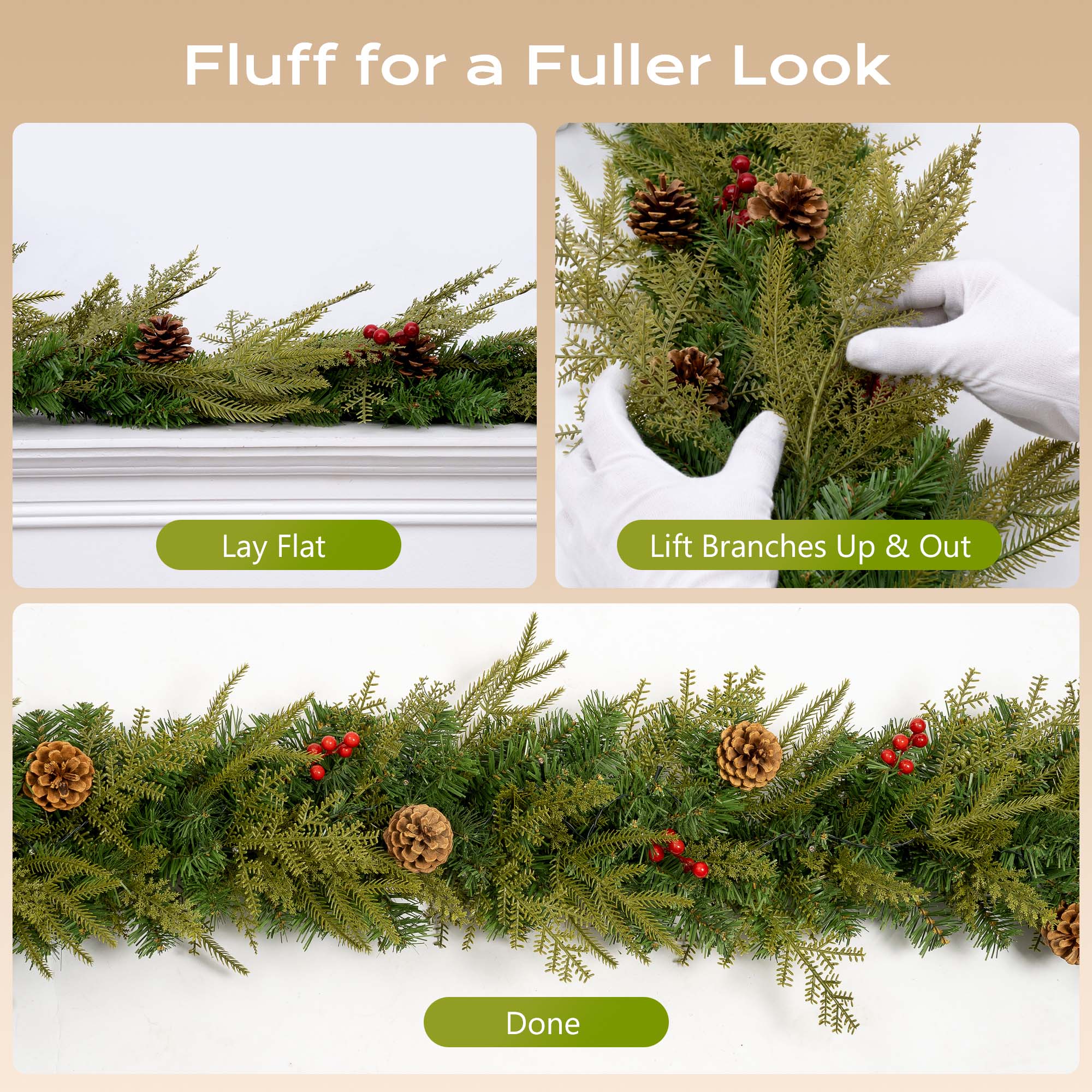 9ft Outdoor Pre-Lit Christmas Garland, PE+PVC Lighted Pine Garland for Fireplace Mantel with Lights & Timer, 8 Modes, Battery Operated, Green details