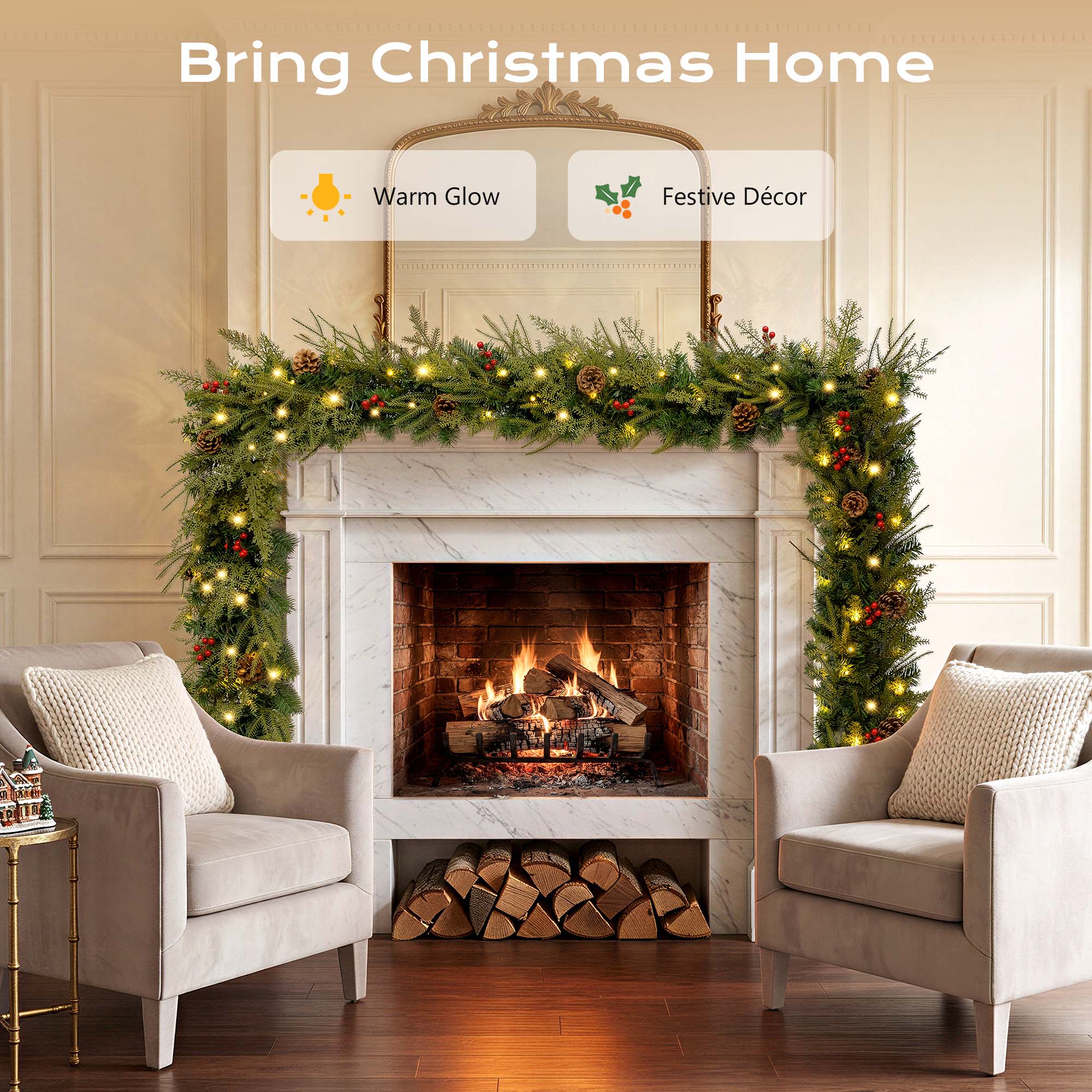 9ft Outdoor Pre-Lit Christmas Garland, PE+PVC Lighted Pine Garland for Fireplace Mantel with Lights & Timer, 8 Modes, Battery Operated, Green details