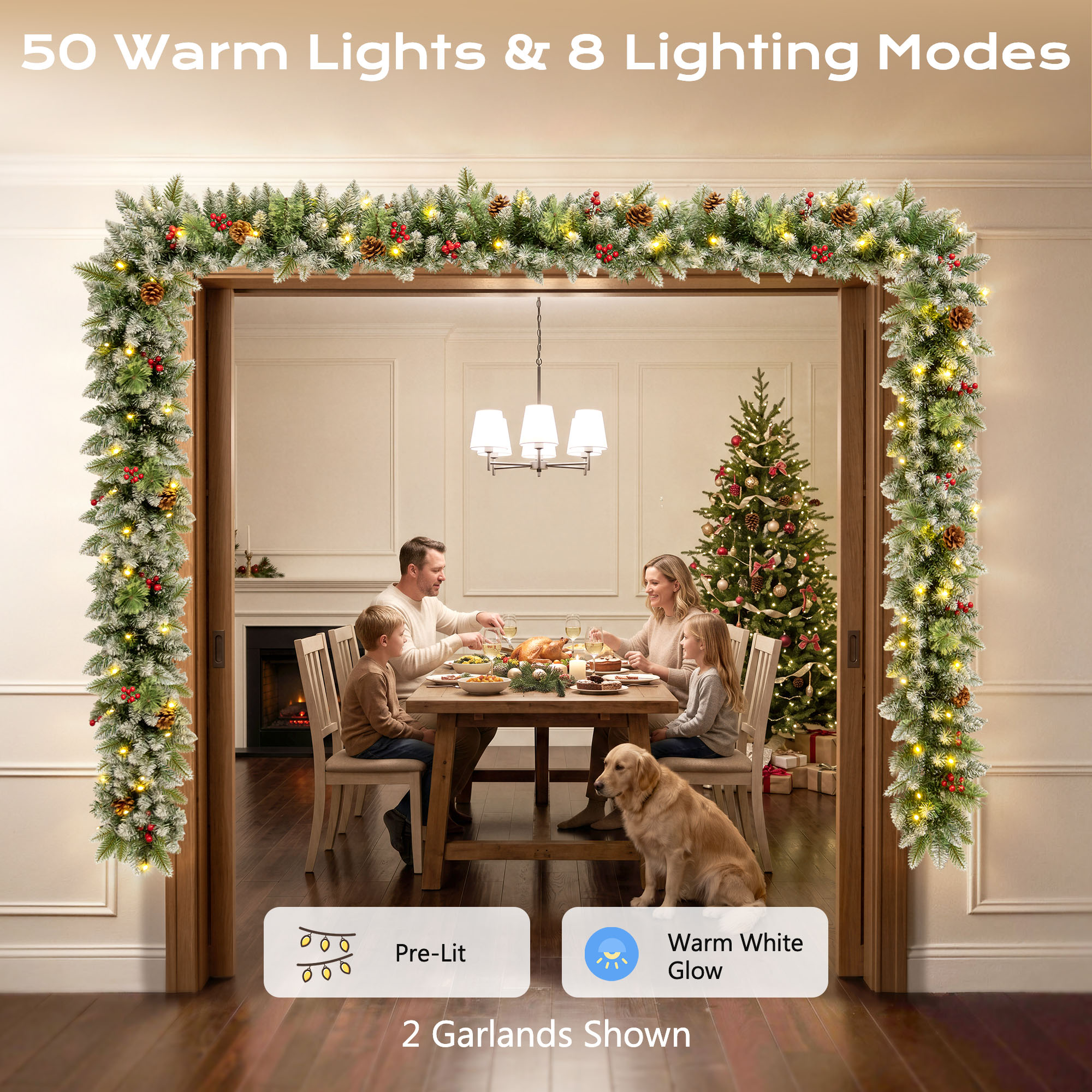 2 pack - 9ft Outdoor Pre-Lit Christmas Garland with Lights & Timer, Lighted Garland for Fireplace Mantel Indoor Outdoor Christmas Decoration, 8 Modes, Battery Operated, Green details