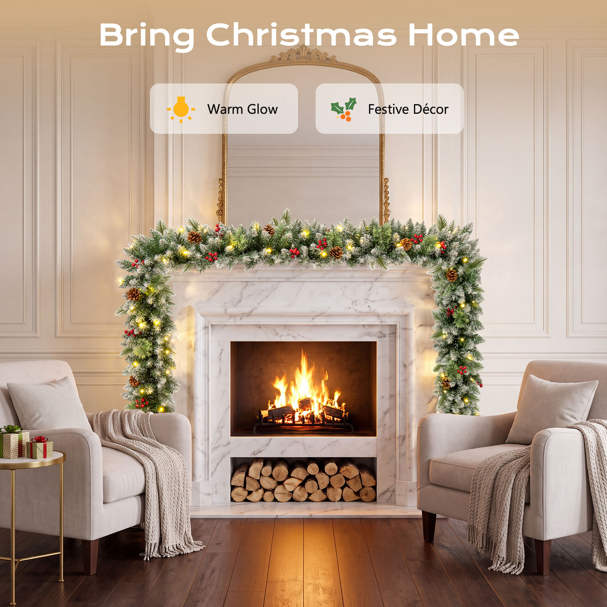 ShinyMe 9ft Outdoor Pre-Lit Christmas Garland with Lights & Timer, Lighted Garland for Fireplace Mantel Christmas Decoration Indoor Outdoor, 8 Modes, Battery Operated, Green details