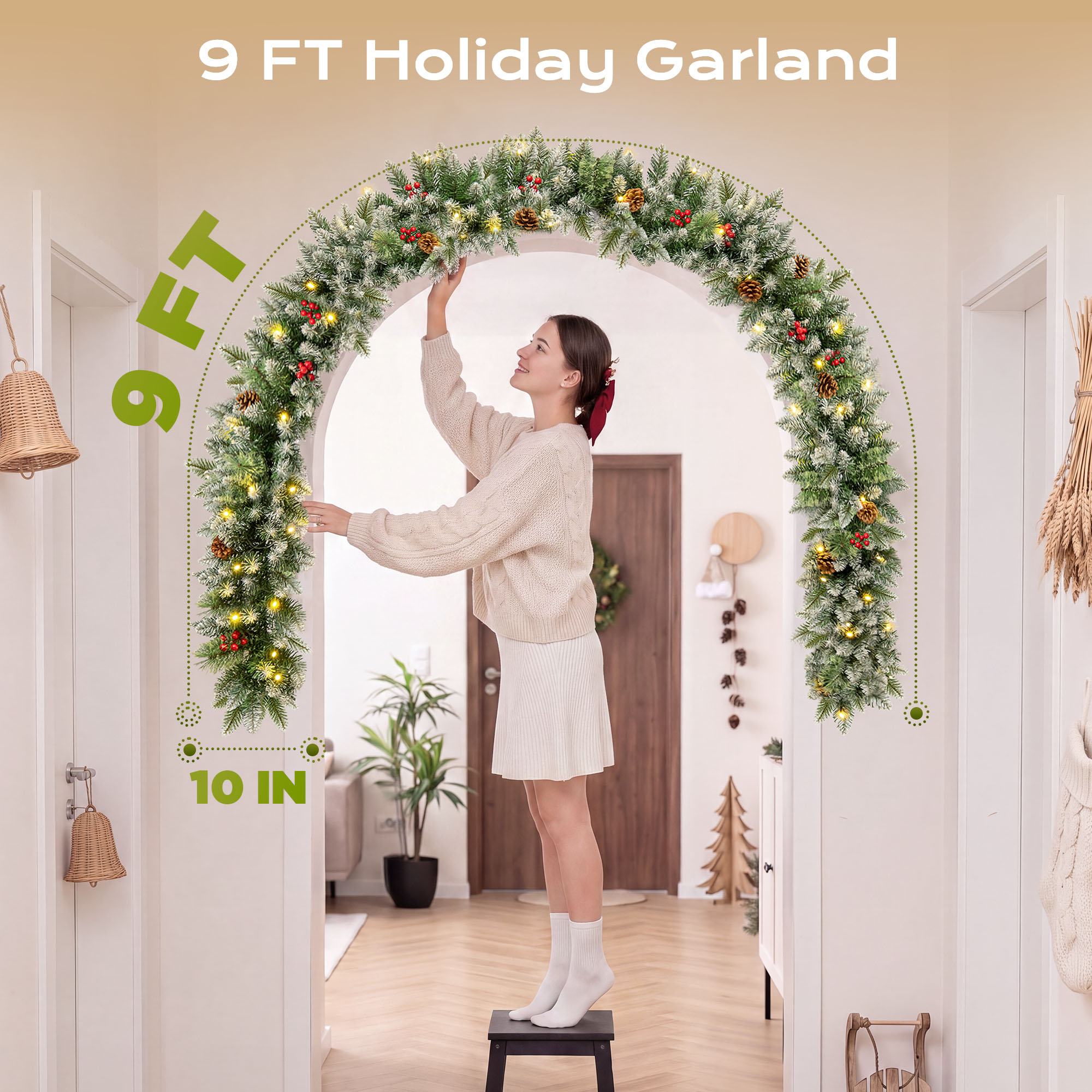 ShinyMe 9ft Outdoor Pre-Lit Christmas Garland with Lights & Timer, Lighted Garland for Fireplace Mantel Christmas Decoration Indoor Outdoor, 8 Modes, Battery Operated, Green details