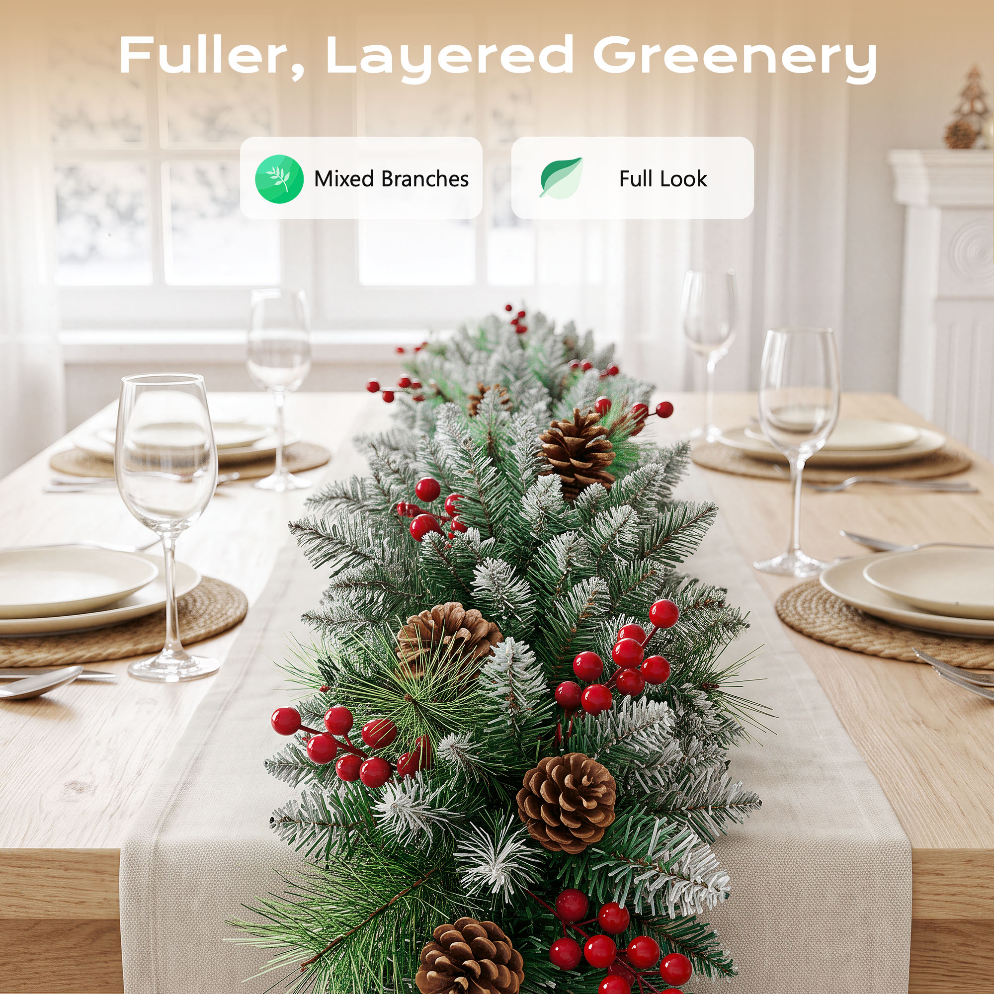 ShinyMe 9ft Outdoor Pre-Lit Christmas Garland with Lights & Timer, Lighted Garland for Fireplace Mantel Christmas Decoration Indoor Outdoor, 8 Modes, Battery Operated, Green details