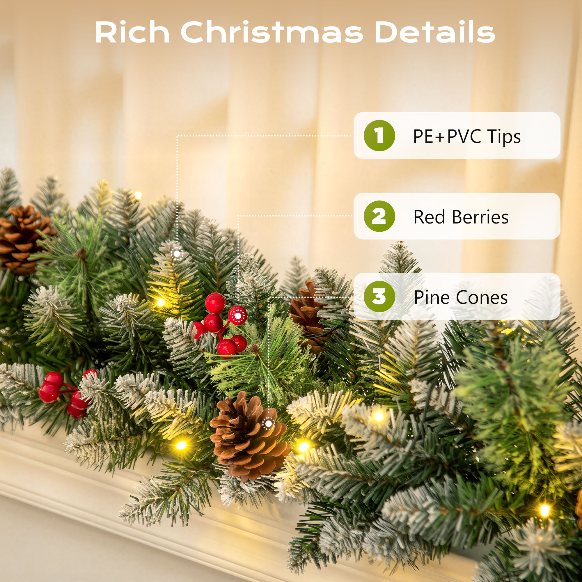 ShinyMe 9ft Outdoor Pre-Lit Christmas Garland with Lights & Timer, Lighted Garland for Fireplace Mantel Christmas Decoration Indoor Outdoor, 8 Modes, Battery Operated, Green details