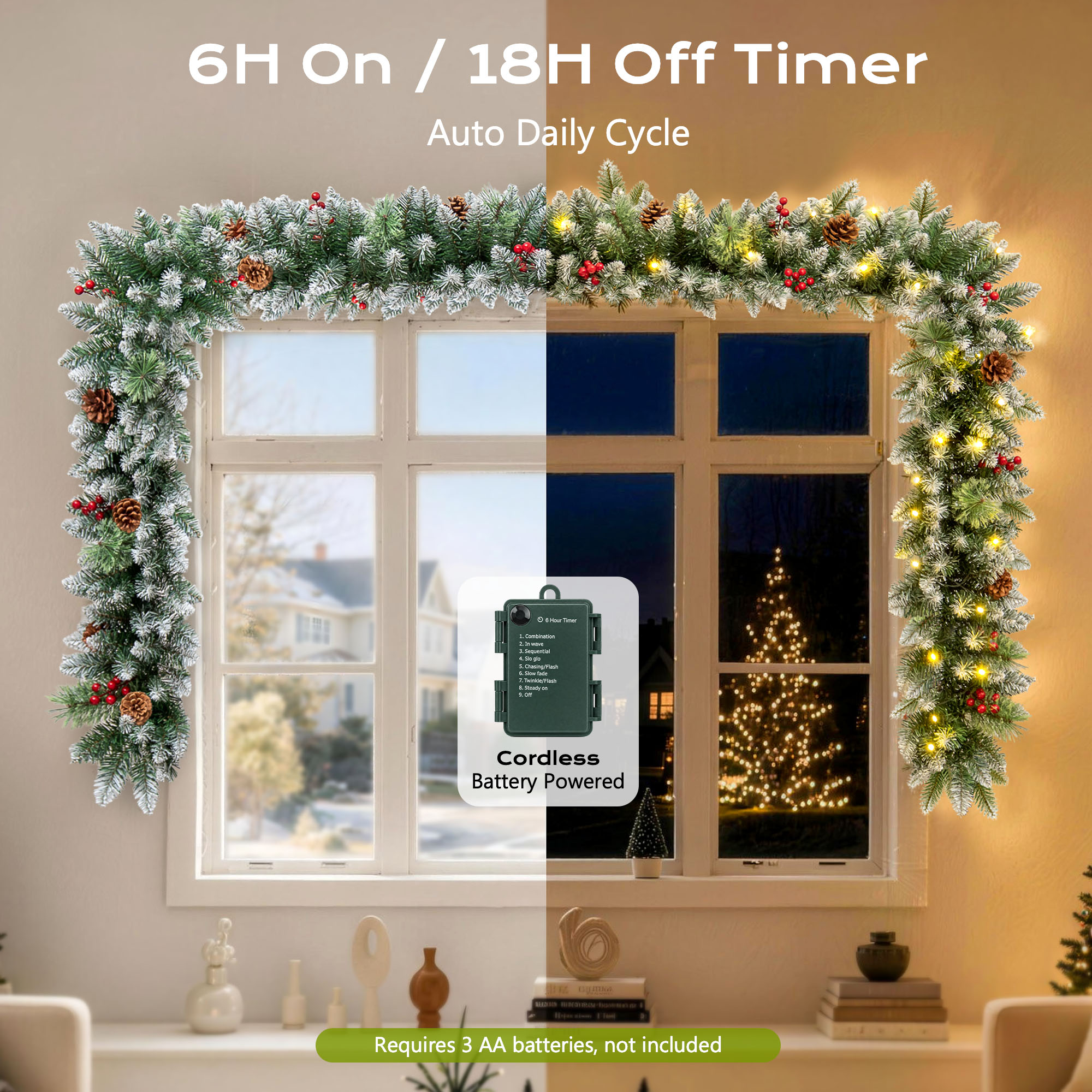 ShinyMe 9ft Outdoor Pre-Lit Christmas Garland with Lights & Timer, Lighted Garland for Fireplace Mantel Christmas Decoration Indoor Outdoor, 8 Modes, Battery Operated, Green details