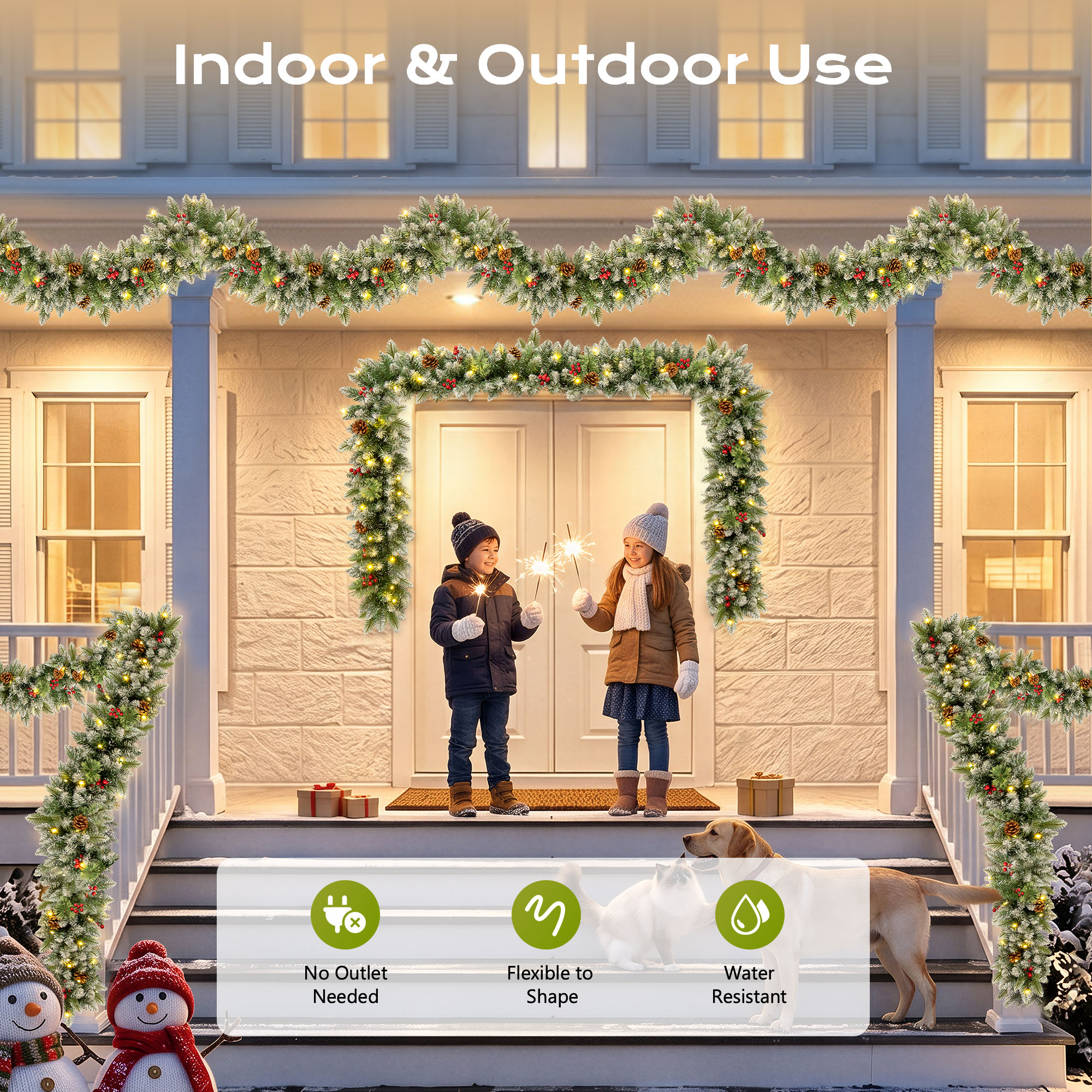 ShinyMe 9ft Outdoor Pre-Lit Christmas Garland with Lights & Timer, Lighted Garland for Fireplace Mantel Christmas Decoration Indoor Outdoor, 8 Modes, Battery Operated, Green details