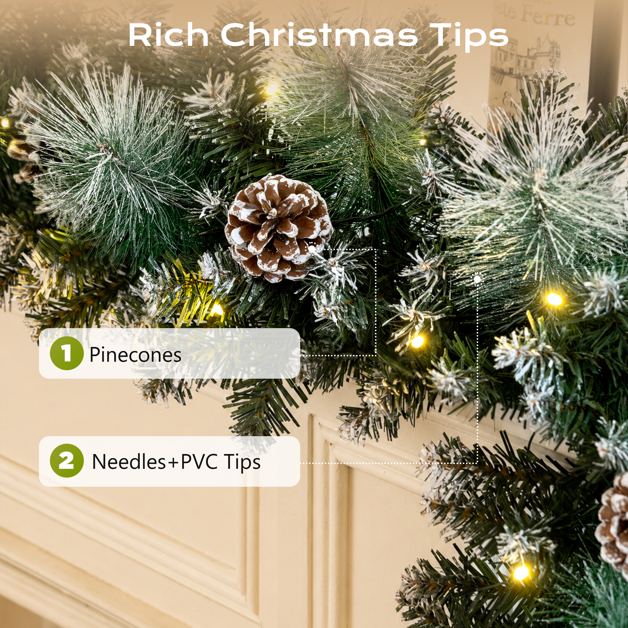 9ft Pre-Lit Christmas Garland with LED Lights w/ 8 Modes & Timer for Outdoor Indoor Xmas Decoration Fireplace Stairs Doorway Railings Decor, Battery Operated details