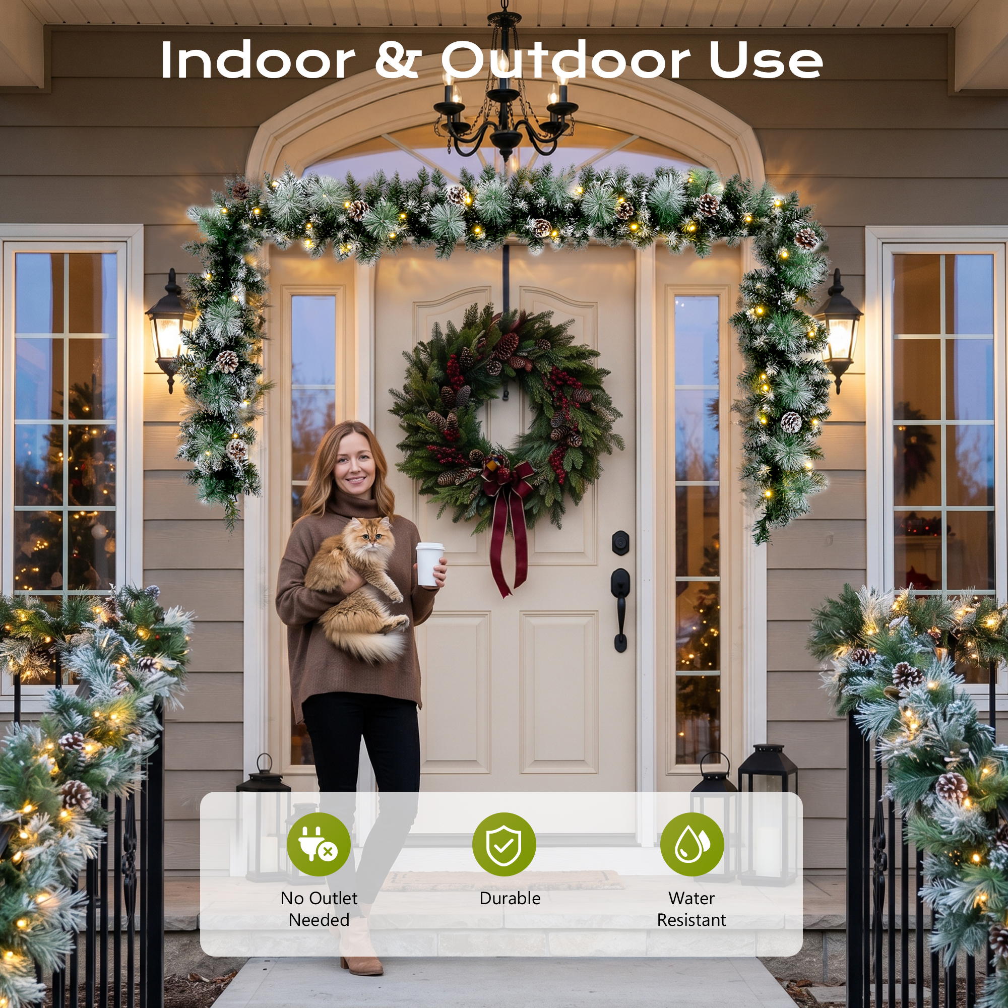 9ft Pre-Lit Christmas Garland with LED Lights w/ 8 Modes & Timer for Outdoor Indoor Xmas Decoration Fireplace Stairs Doorway Railings Decor, Battery Operated details