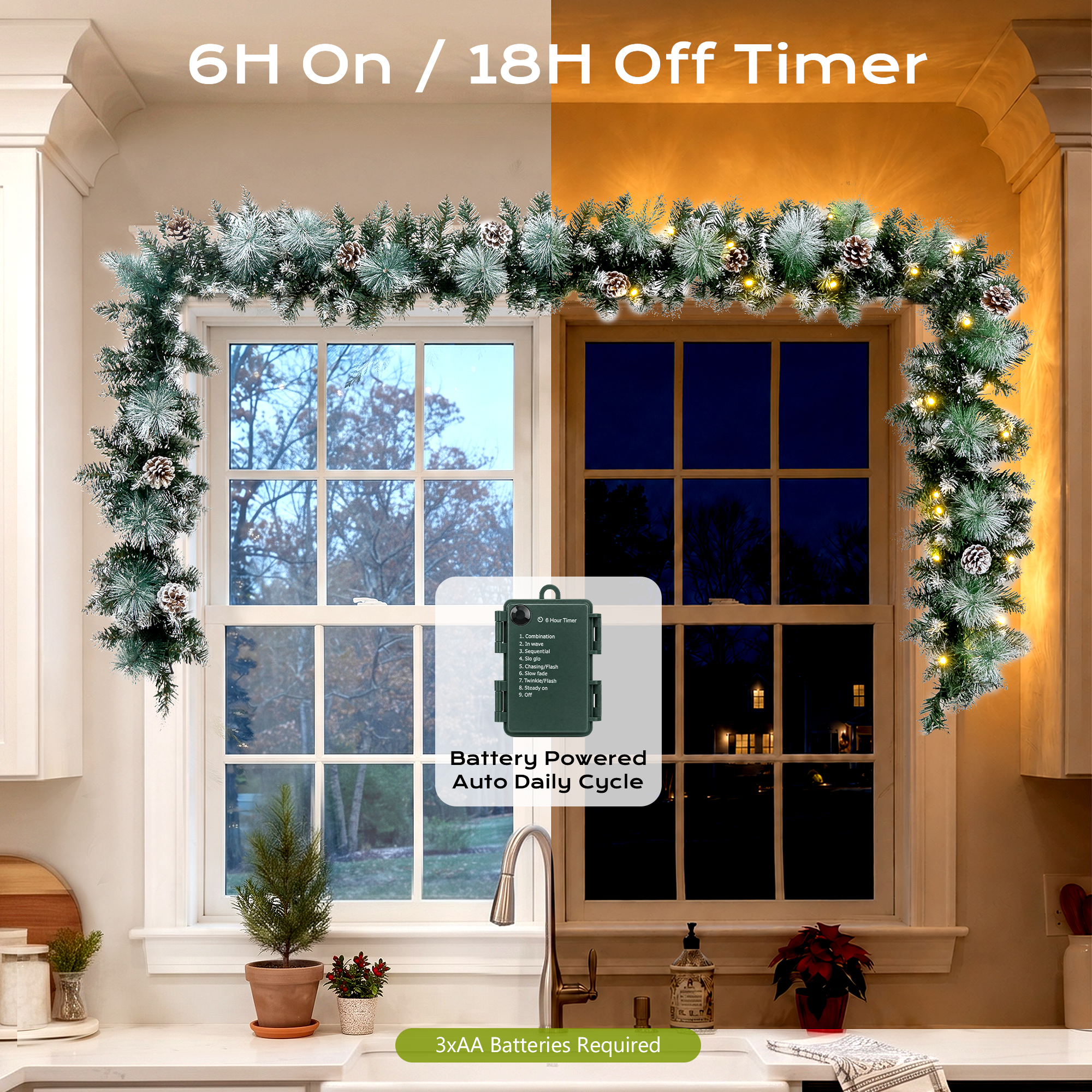 9ft Pre-Lit Christmas Garland with LED Lights w/ 8 Modes & Timer for Outdoor Indoor Xmas Decoration Fireplace Stairs Doorway Railings Decor, Battery Operated details