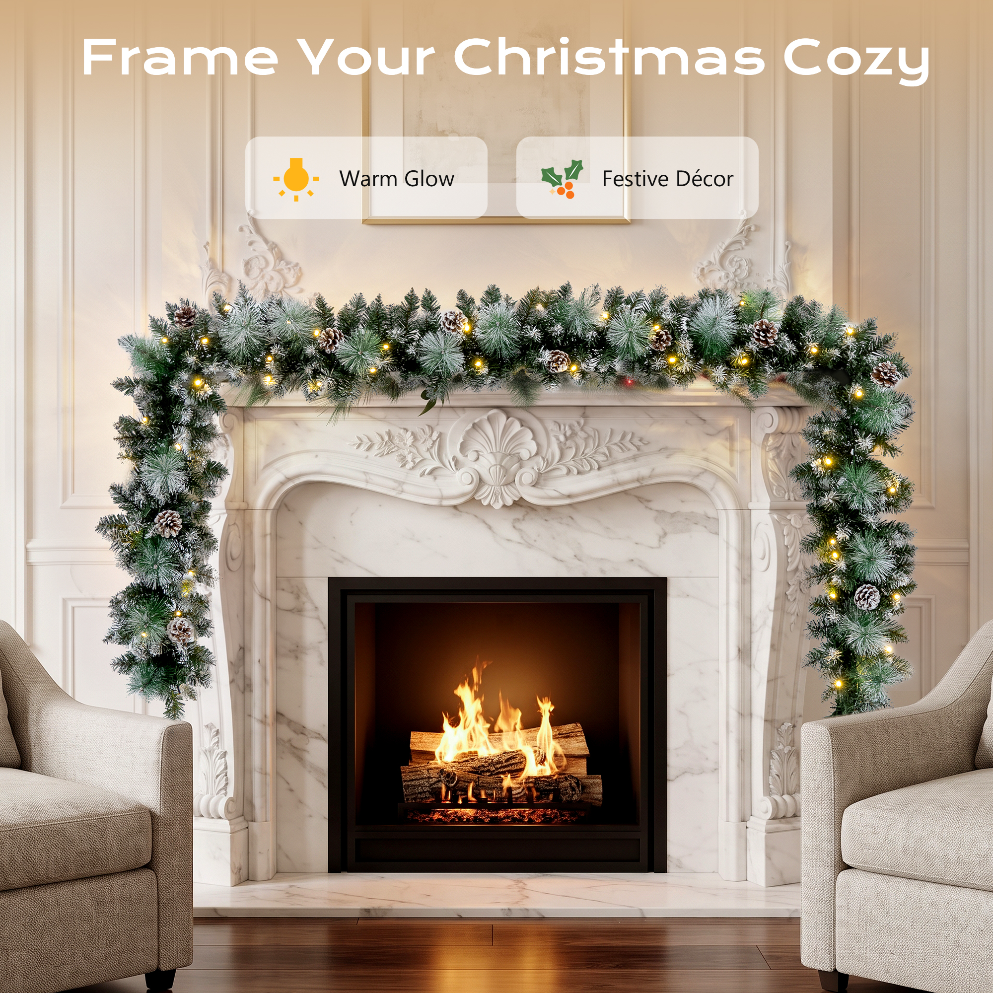9ft Pre-Lit Christmas Garland with LED Lights w/ 8 Modes & Timer for Outdoor Indoor Xmas Decoration Fireplace Stairs Doorway Railings Decor, Battery Operated details