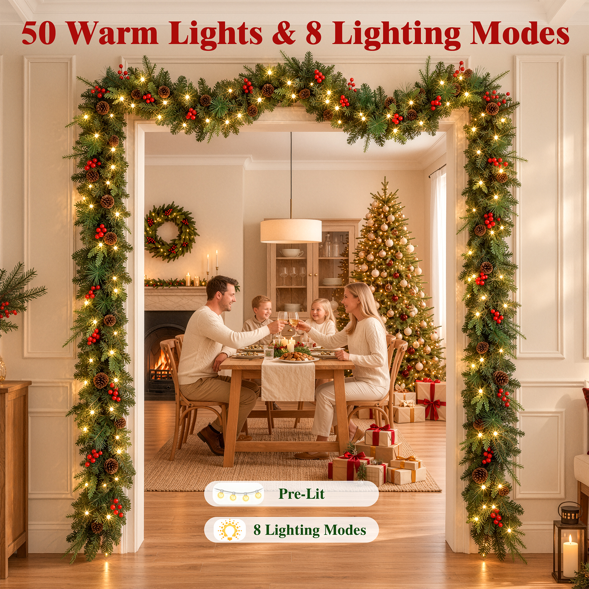 ShinyMe 2Pack Pre-Lit 9ft Christmas Garland, Artificial PE Garland with Lights 300 Tips for Outdoor Indoor Door Stairs Front Fireplace Mantel Porch ,Green details