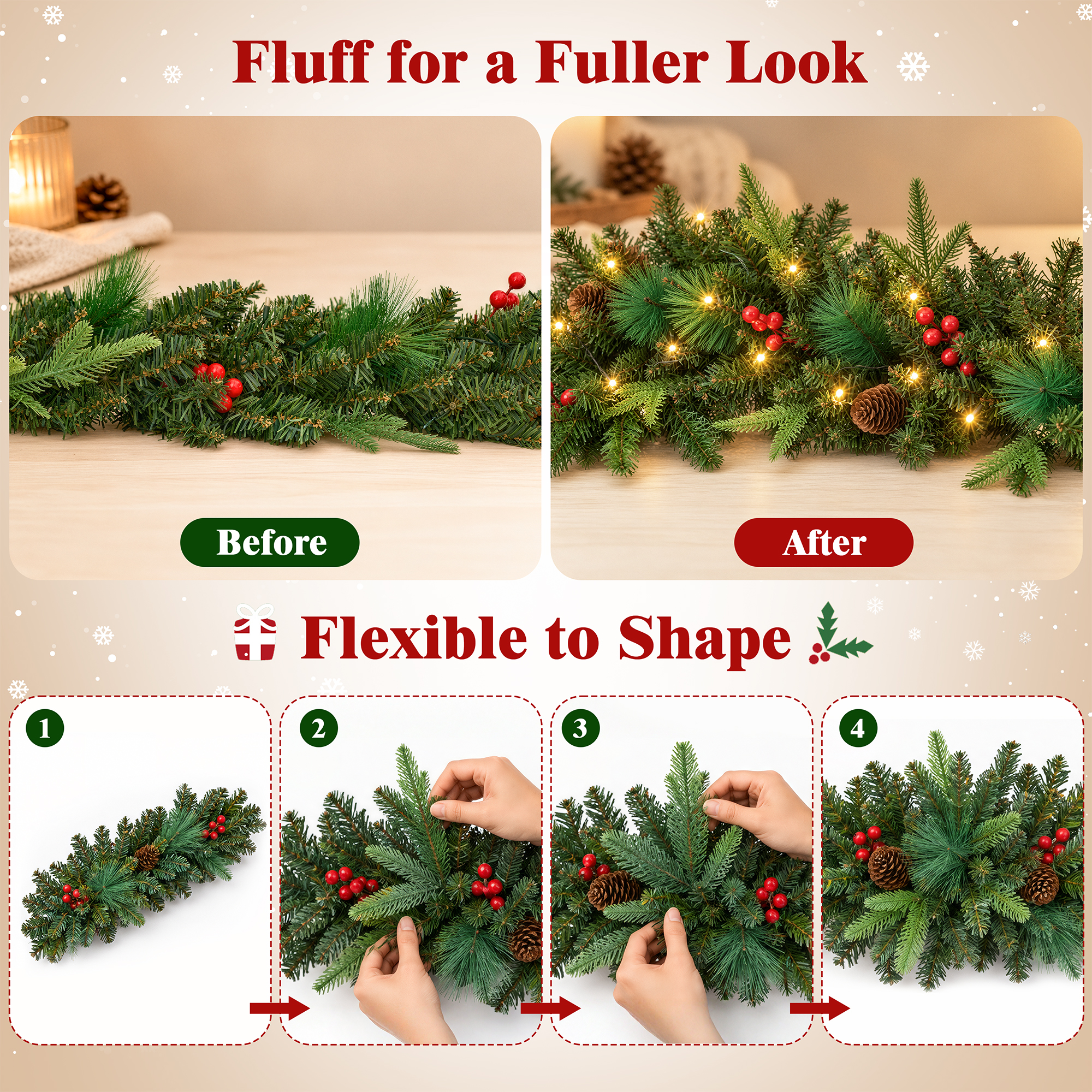 ShinyMe 2Pack Pre-Lit 9ft Christmas Garland, Artificial PE Garland with Lights 300 Tips for Outdoor Indoor Door Stairs Front Fireplace Mantel Porch ,Green details