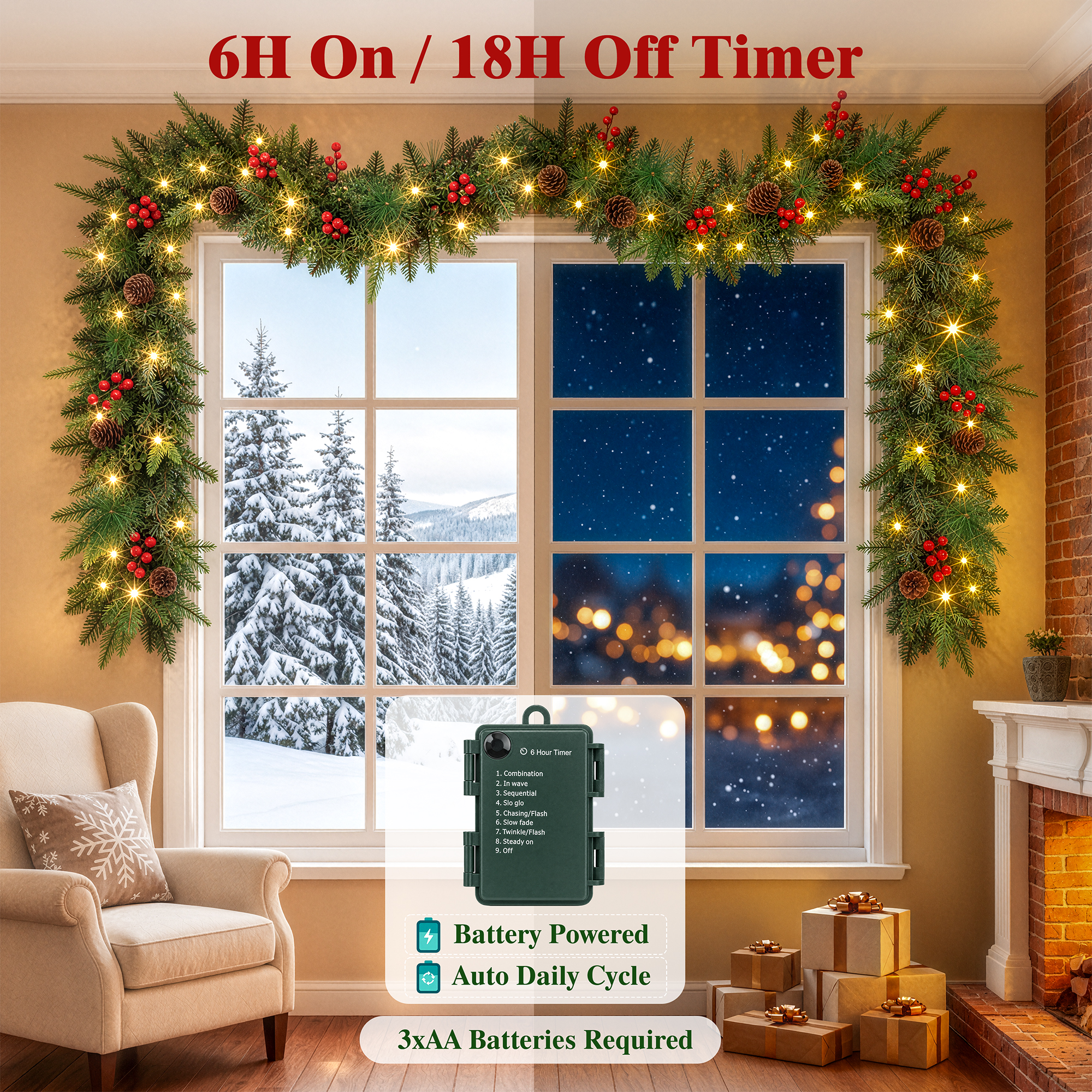 ShinyMe 2Pack Pre-Lit 9ft Christmas Garland, Artificial PE Garland with Lights 300 Tips for Outdoor Indoor Door Stairs Front Fireplace Mantel Porch ,Green details
