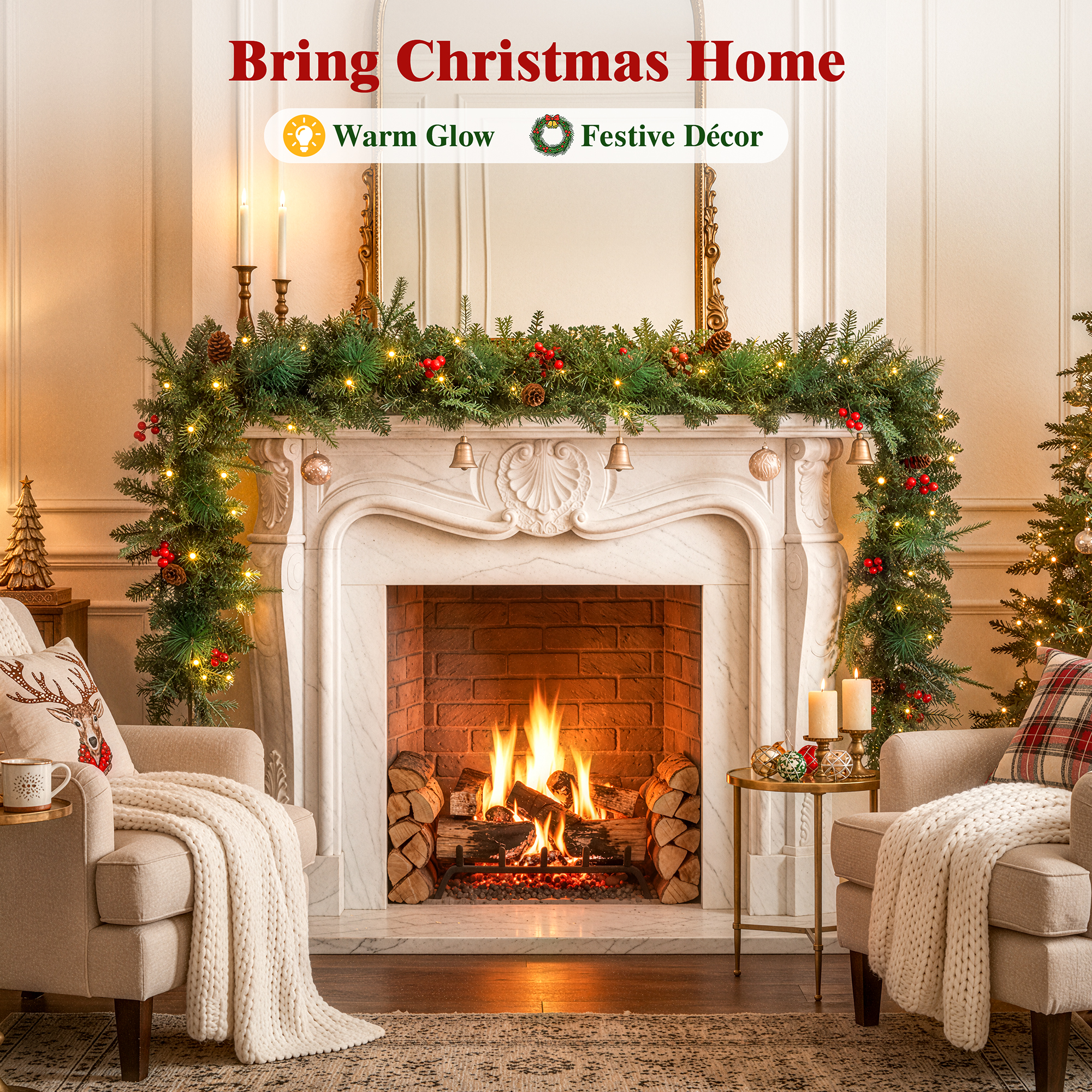 ShinyMe 2Pack Pre-Lit 9ft Christmas Garland, Artificial PE Garland with Lights 300 Tips for Outdoor Indoor Door Stairs Front Fireplace Mantel Porch ,Green details