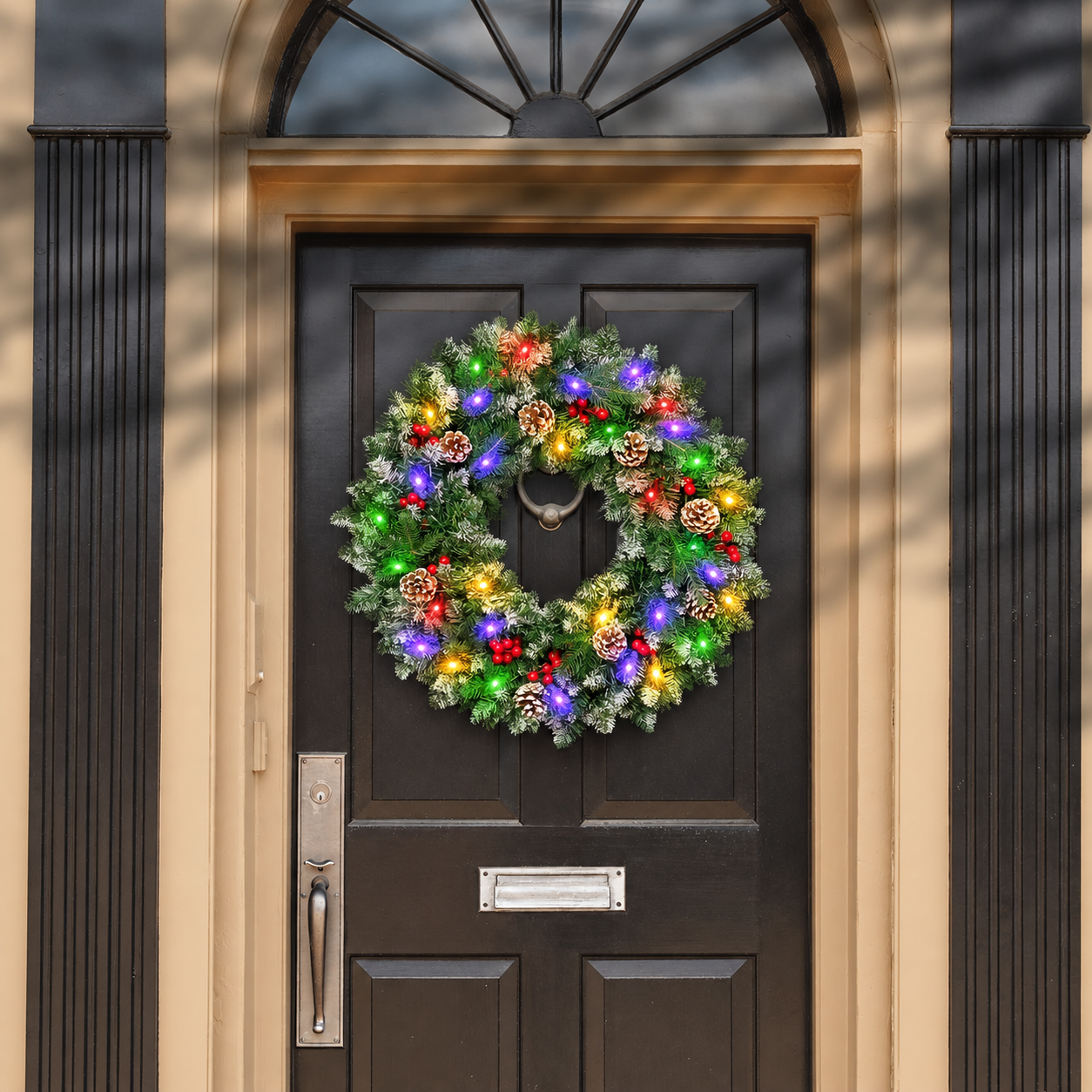 24" Pre-Lit Christmas Wreaths, Outdoor Lighted Christmas Wreath for Front Door, Christmas Red Berries, Pine Cones Wreath, Xmas Wreath Decor for Window Fireplace Indoor, Green