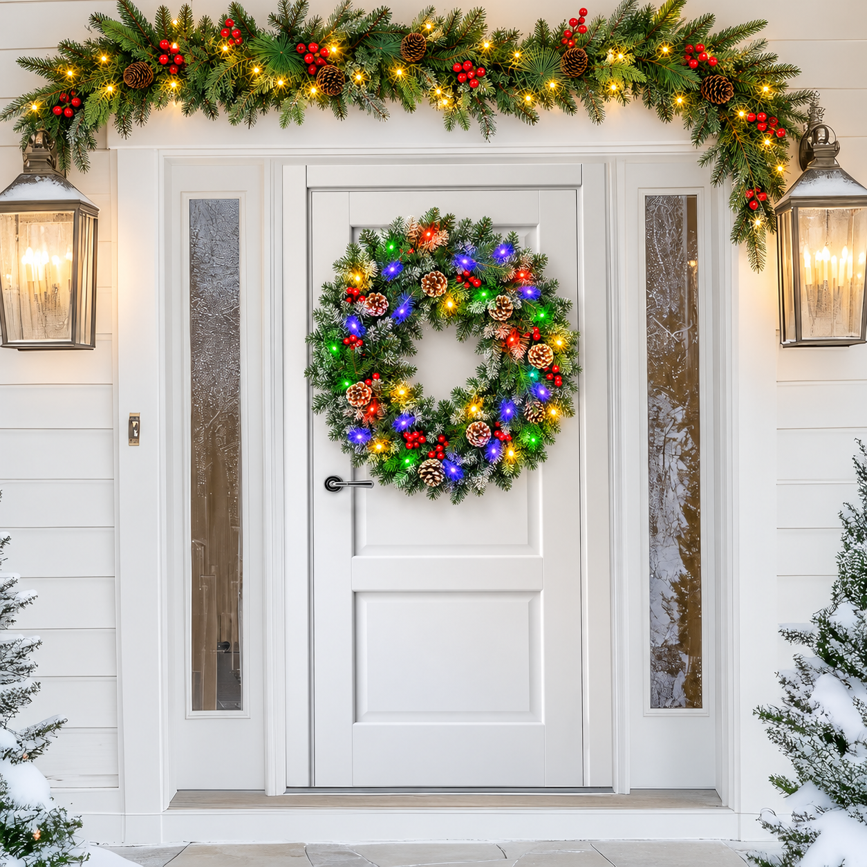 24" Pre-Lit Christmas Wreaths, Outdoor Lighted Christmas Wreath for Front Door, Christmas Red Berries, Pine Cones Wreath, Xmas Wreath Decor for Window Fireplace Indoor, Green details