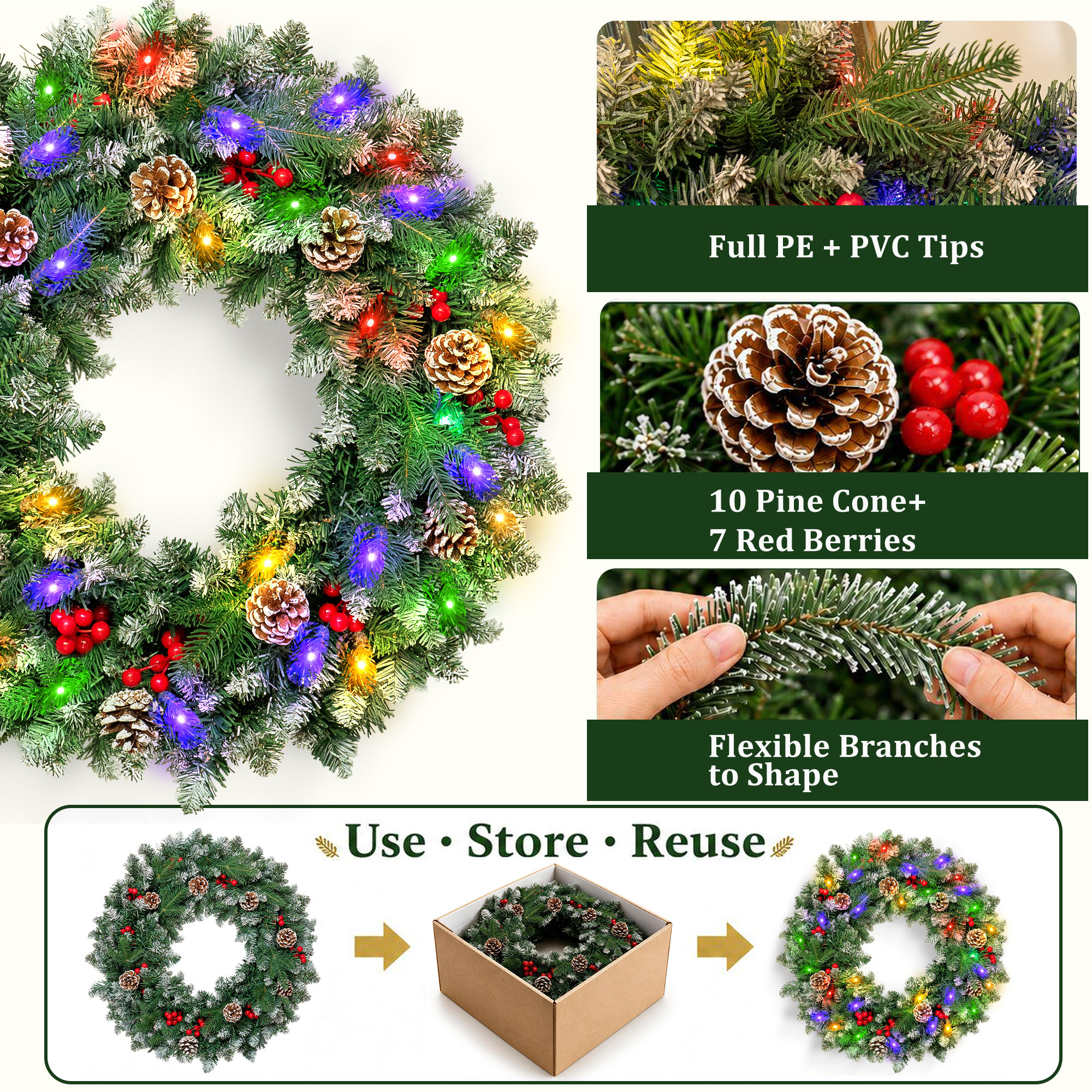 24" Pre-Lit Christmas Wreaths, Outdoor Lighted Christmas Wreath for Front Door, Christmas Red Berries, Pine Cones Wreath, Xmas Wreath Decor for Window Fireplace Indoor, Green details