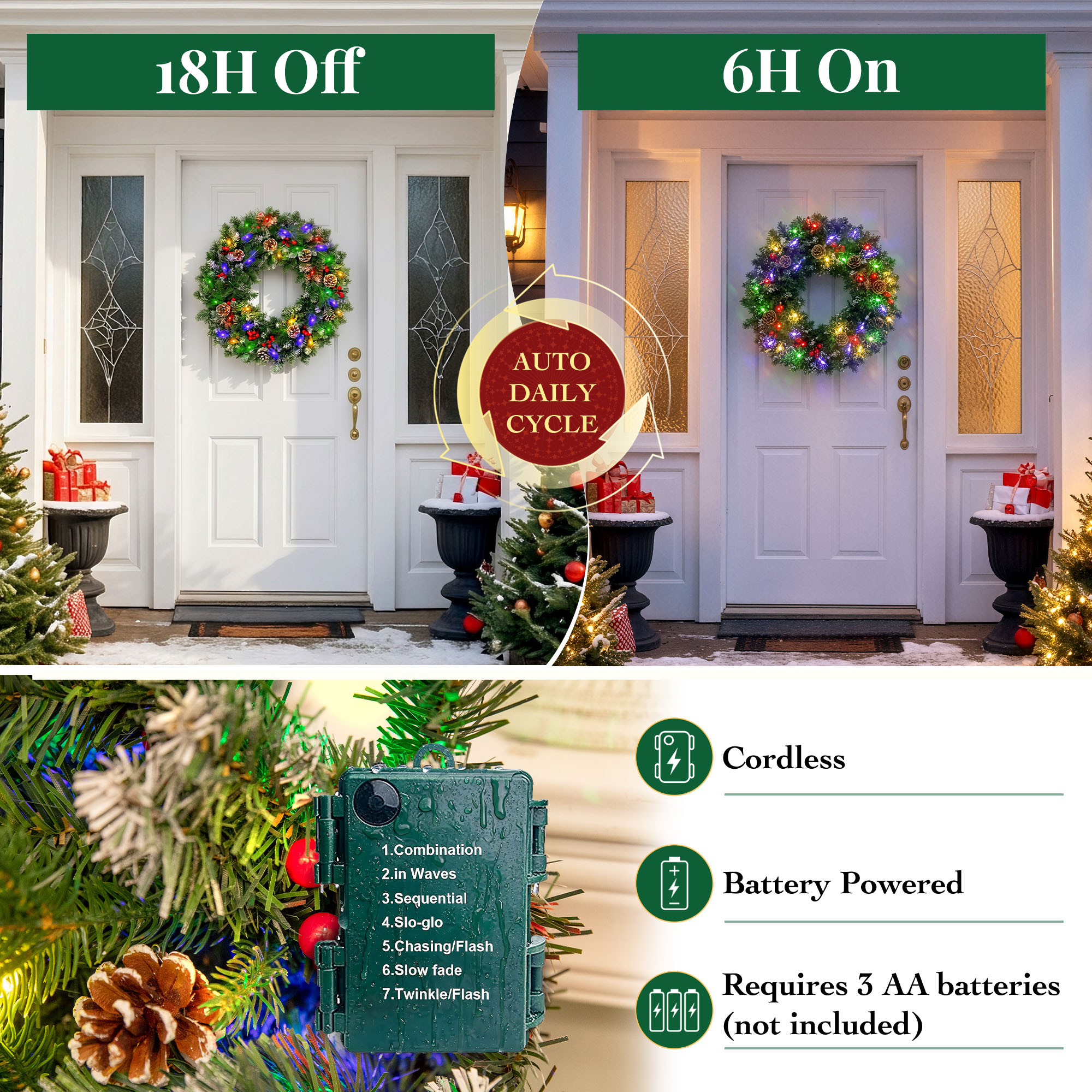 24" Pre-Lit Christmas Wreaths, Outdoor Lighted Christmas Wreath for Front Door, Christmas Red Berries, Pine Cones Wreath, Xmas Wreath Decor for Window Fireplace Indoor, Green details