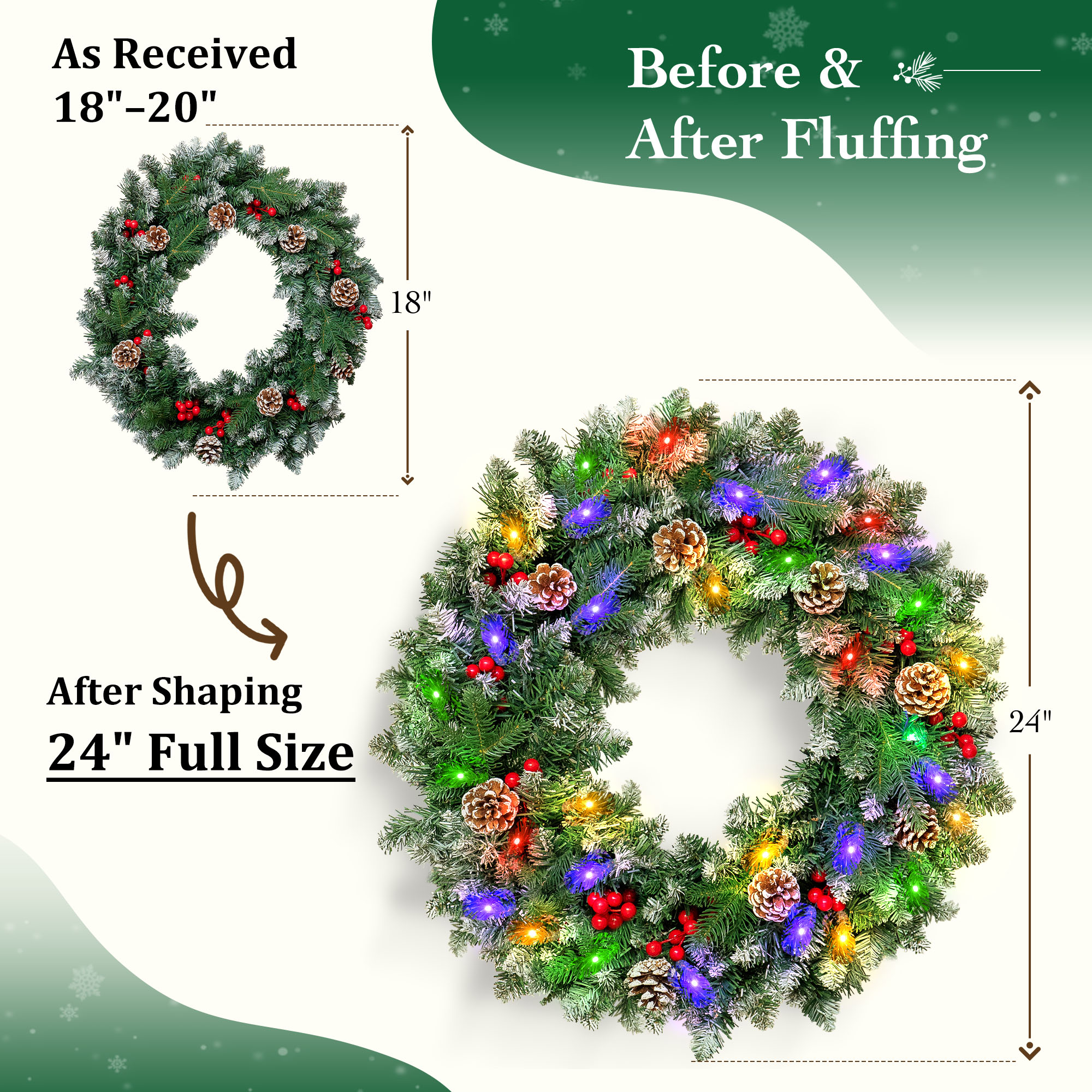 24" Pre-Lit Christmas Wreaths, Outdoor Lighted Christmas Wreath for Front Door, Christmas Red Berries, Pine Cones Wreath, Xmas Wreath Decor for Window Fireplace Indoor, Green details