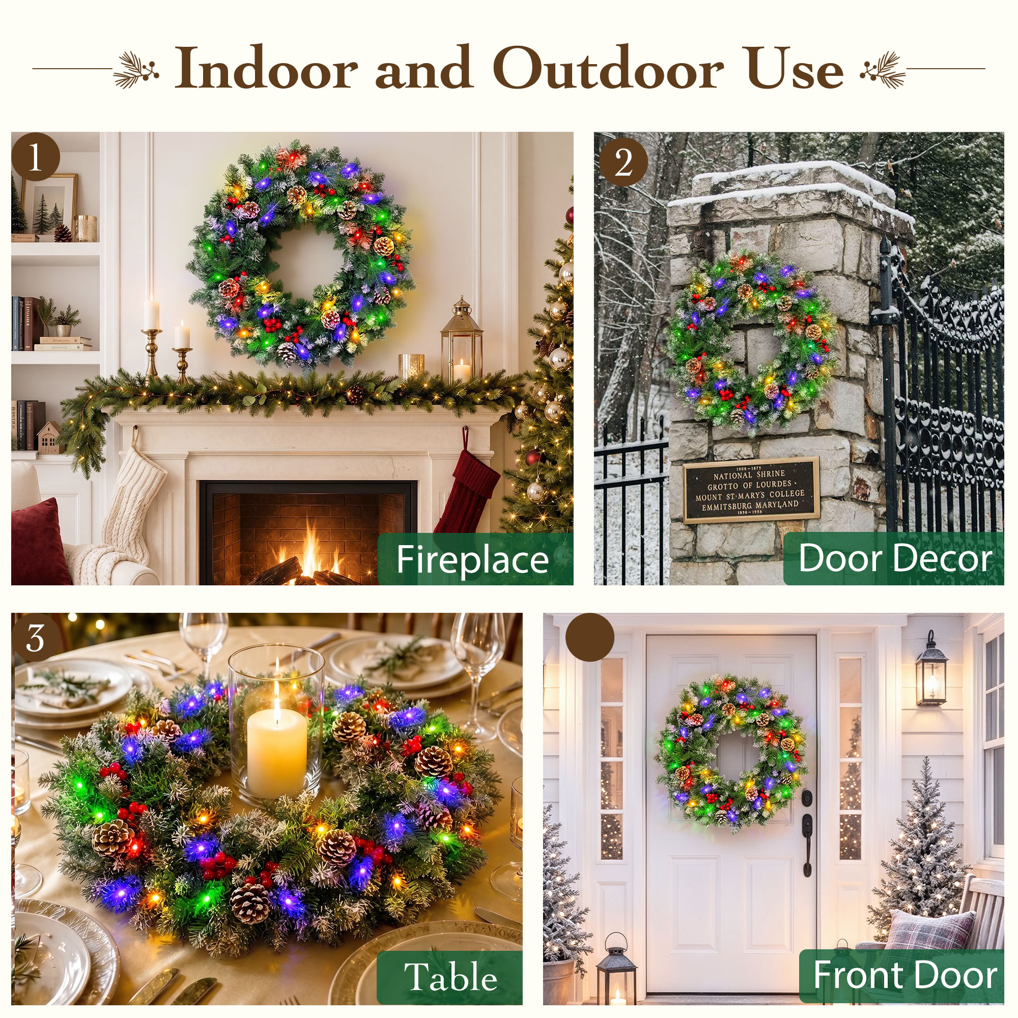 24" Pre-Lit Christmas Wreaths, Outdoor Lighted Christmas Wreath for Front Door, Christmas Red Berries, Pine Cones Wreath, Xmas Wreath Decor for Window Fireplace Indoor, Green details