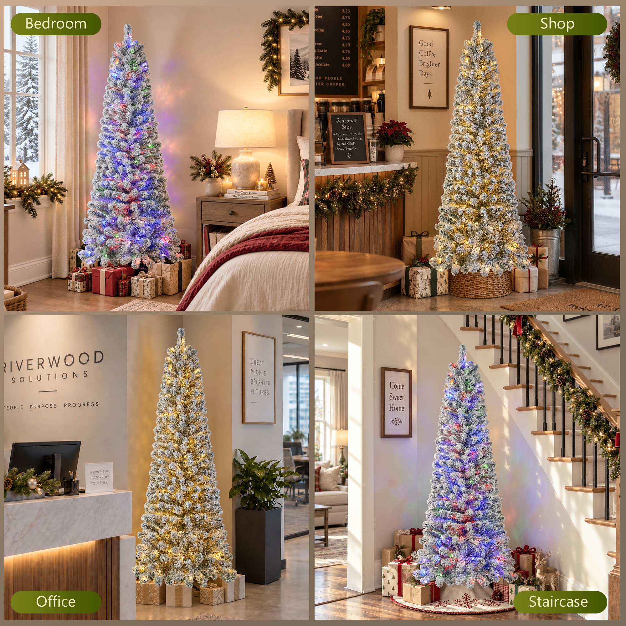 6ft Pre-Lit Snow Flocked Pencil Christmas Tree, Artificial Slim Xmas Tree with Warm White & 10 Modes Multicolor Lights for Holiday Decor details