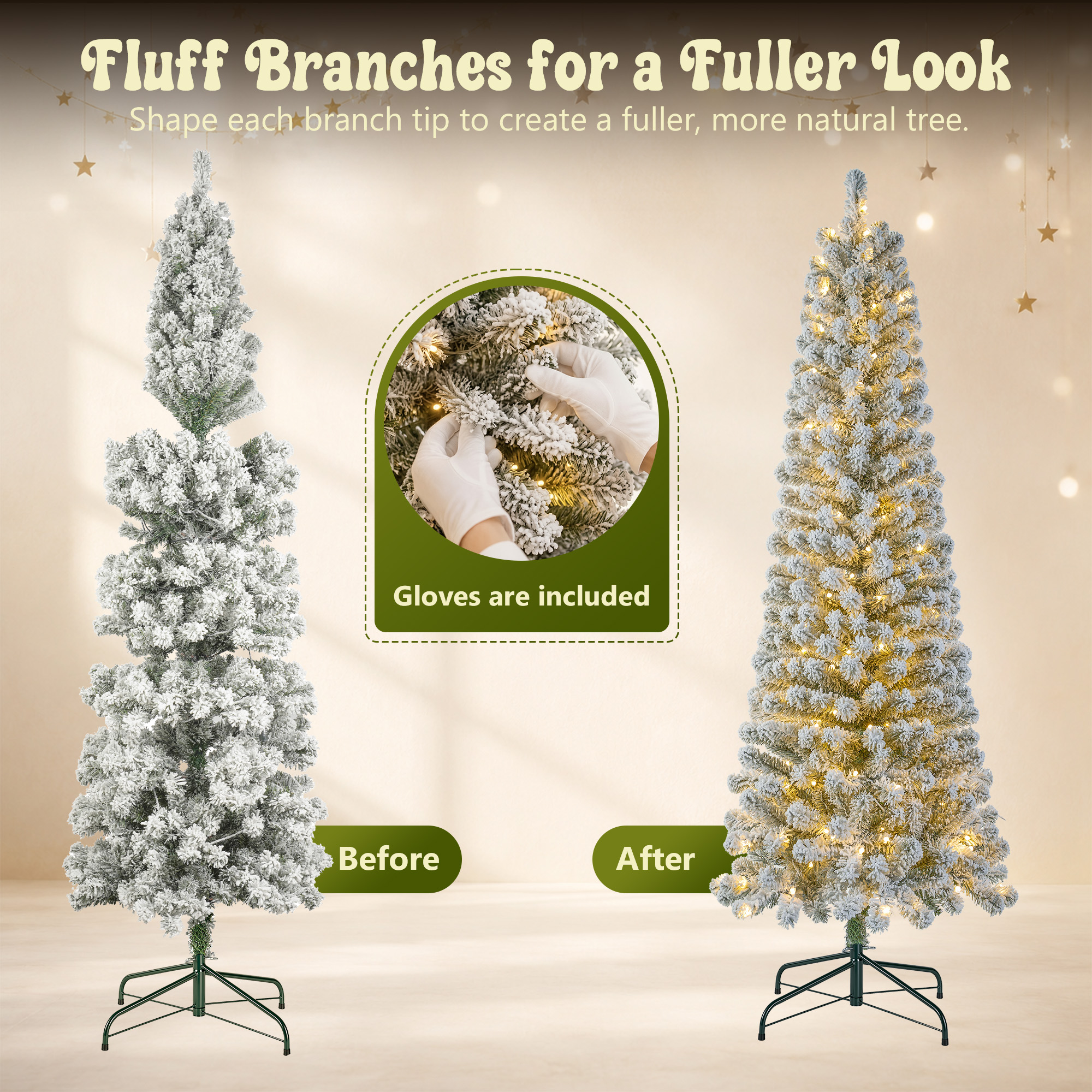 6ft Pre-Lit Snow Flocked Pencil Christmas Tree, Artificial Slim Xmas Tree with Warm White & 10 Modes Multicolor Lights for Holiday Decor details