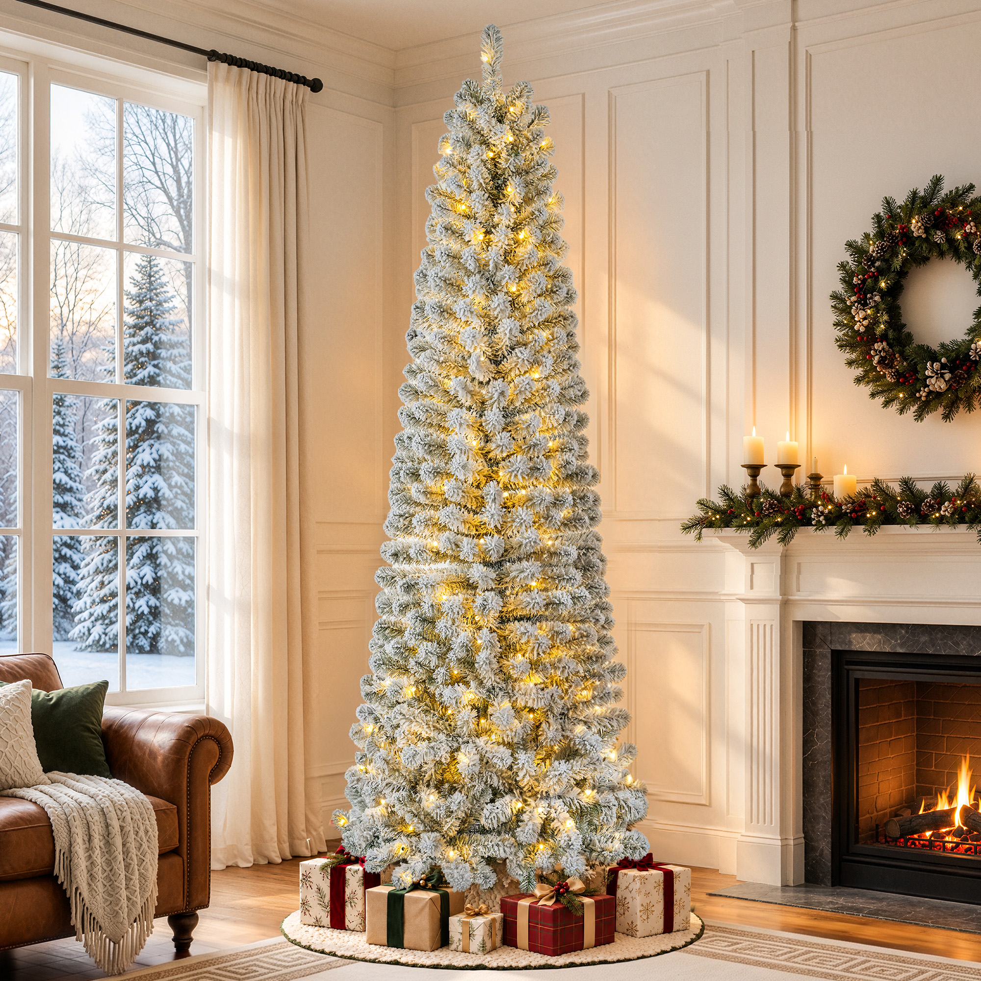 7ft Pre-Lit Snow Flocked Pencil Christmas Tree Hinged Slim Skinny Corner Xmas Tree with 300 Warm Lights & 760 Snow Branch Tips, White