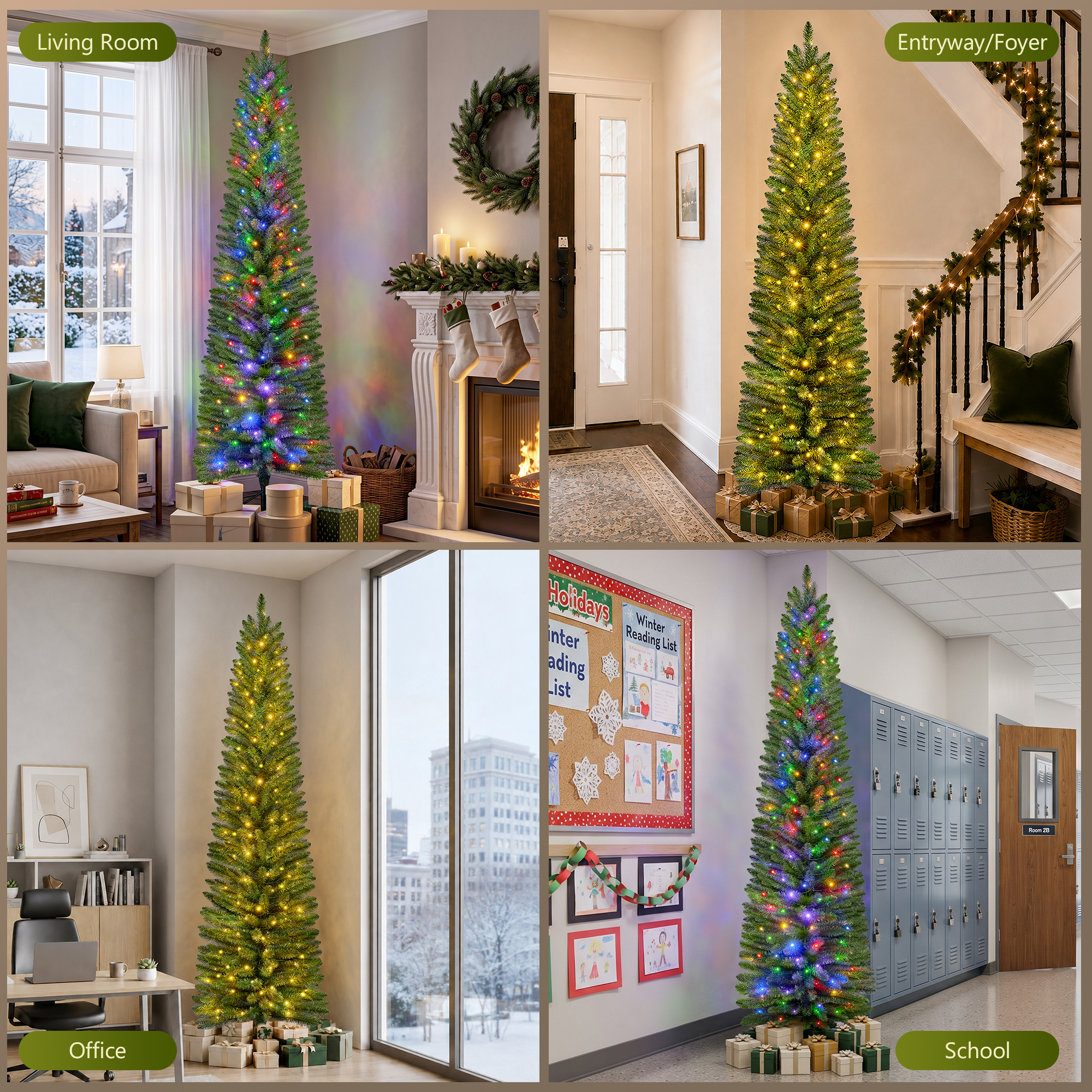 7ft Pre-Lit Pencil Christmas Tree,620 Tip Artificial Xmas Tree with 250 Dual-Color LEDs, 10 Lighting Modes, Metal Stand, Green details