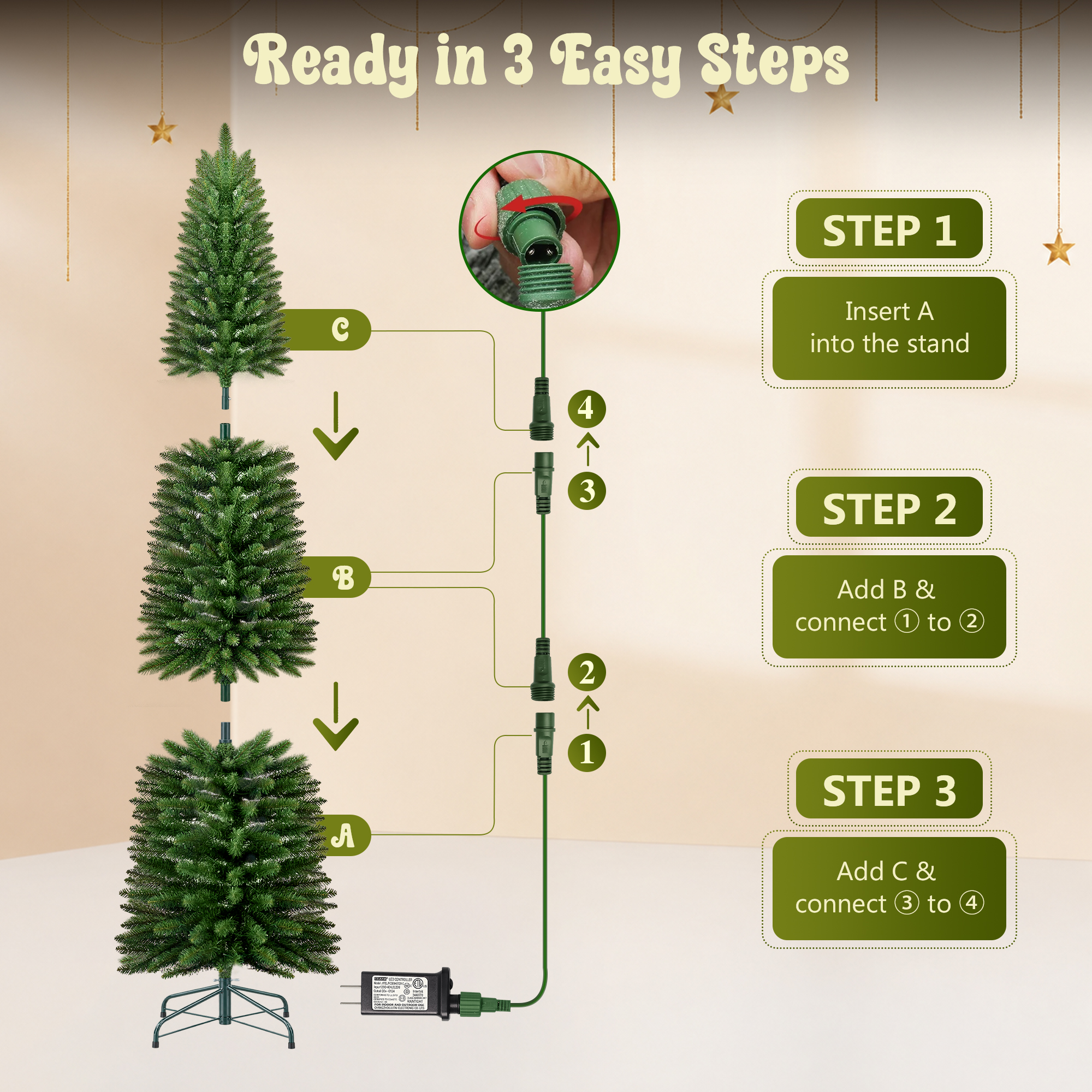 7ft Pre-Lit Pencil Christmas Tree,620 Tip Artificial Xmas Tree with 250 Dual-Color LEDs, 10 Lighting Modes, Metal Stand, Green details