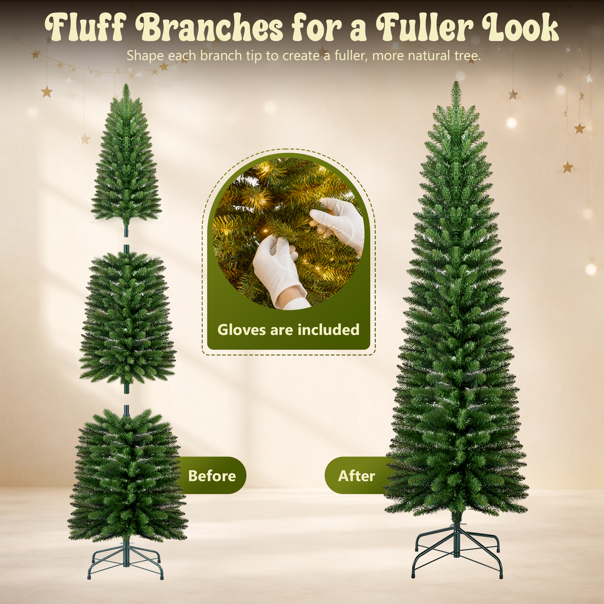 7ft Pre-Lit Pencil Christmas Tree,620 Tip Artificial Xmas Tree with 250 Dual-Color LEDs, 10 Lighting Modes, Metal Stand, Green details