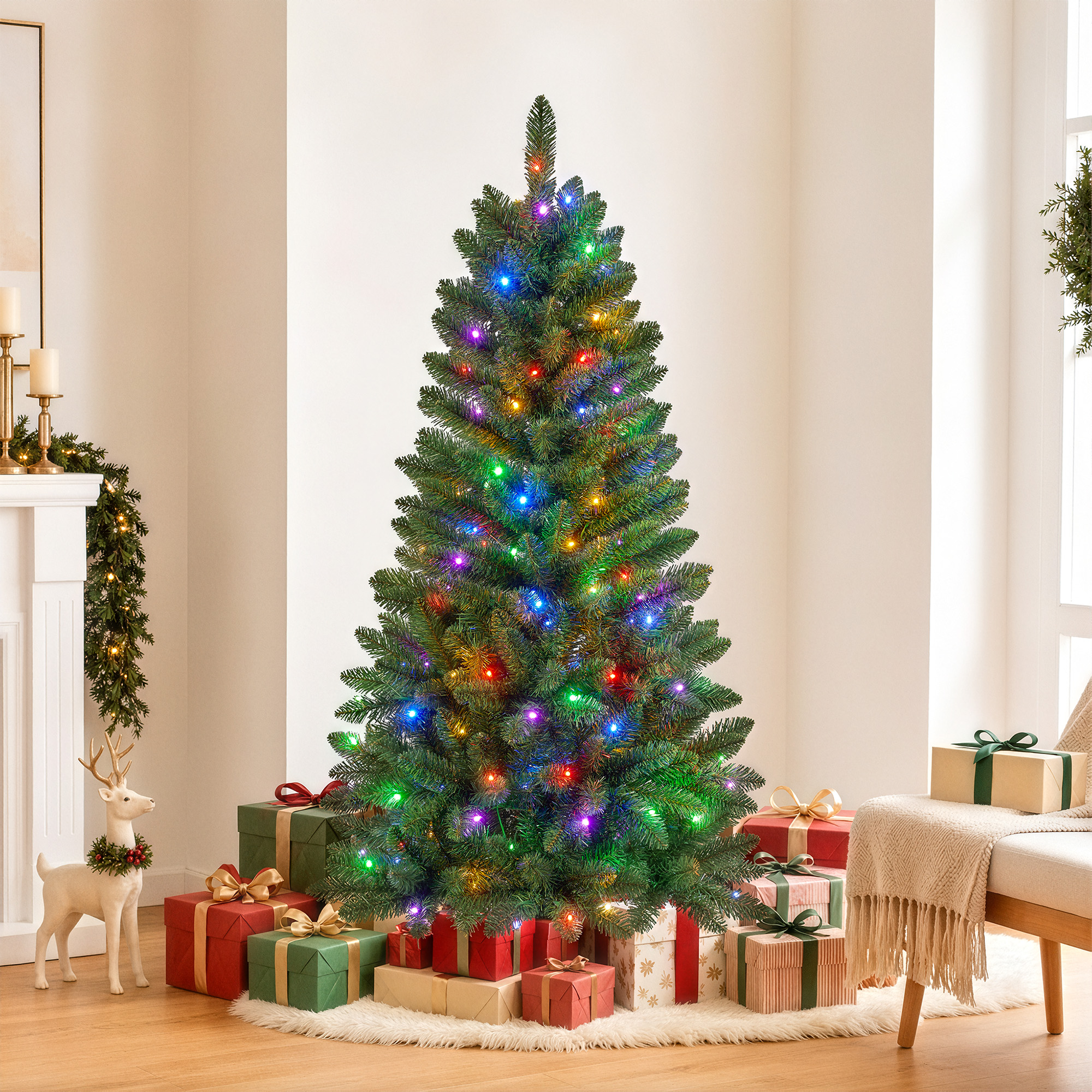 Pre-Lit Christmas Tree, 4ft Artificial Green Christmas Tree with 150 Warm White & Multicolor 10 Modes LED Lights, 360 Lifelike Branch Tips, Metal Stand details
