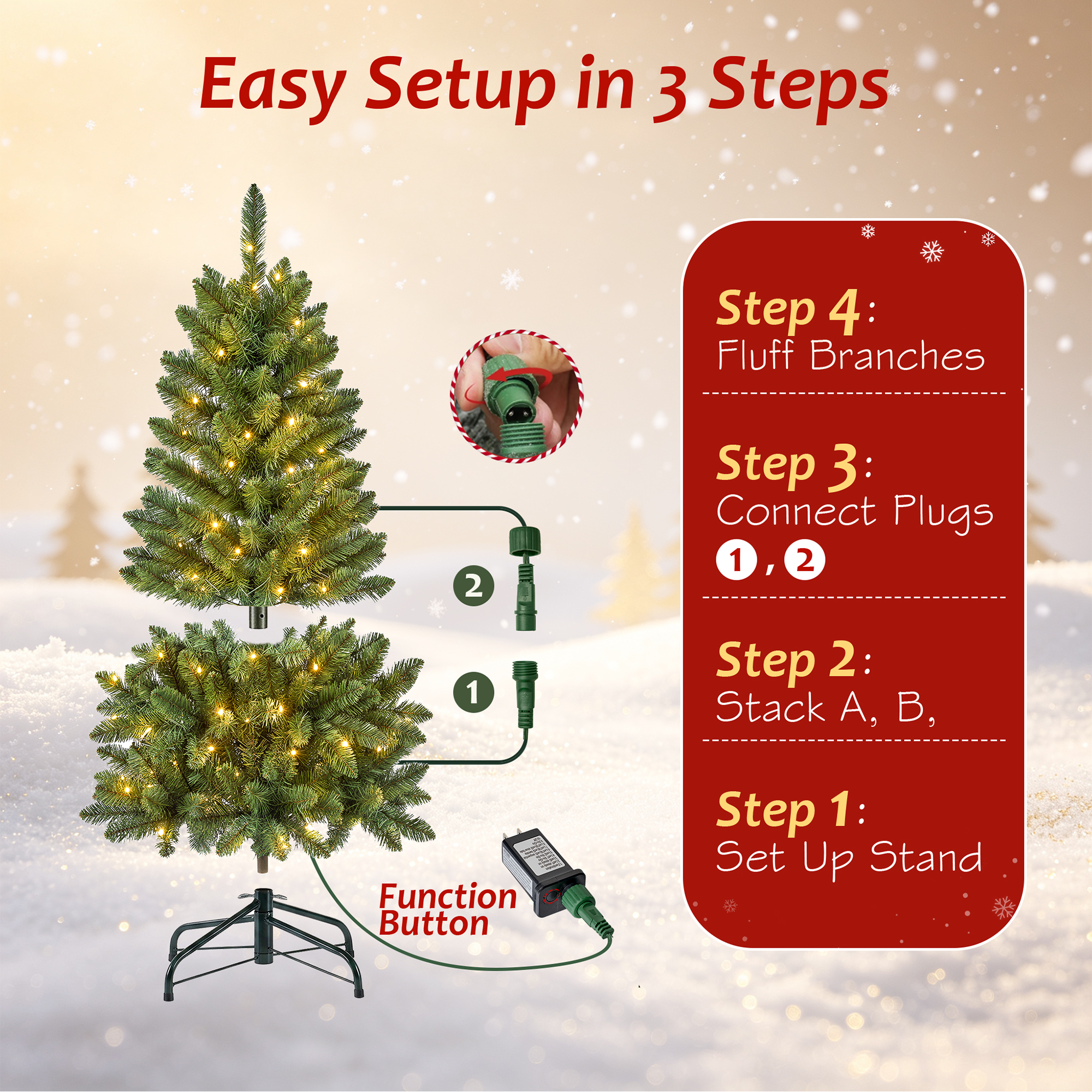 Pre-Lit Christmas Tree, 4ft Artificial Green Christmas Tree with 150 Warm White & Multicolor 10 Modes LED Lights, 360 Lifelike Branch Tips, Metal Stand details