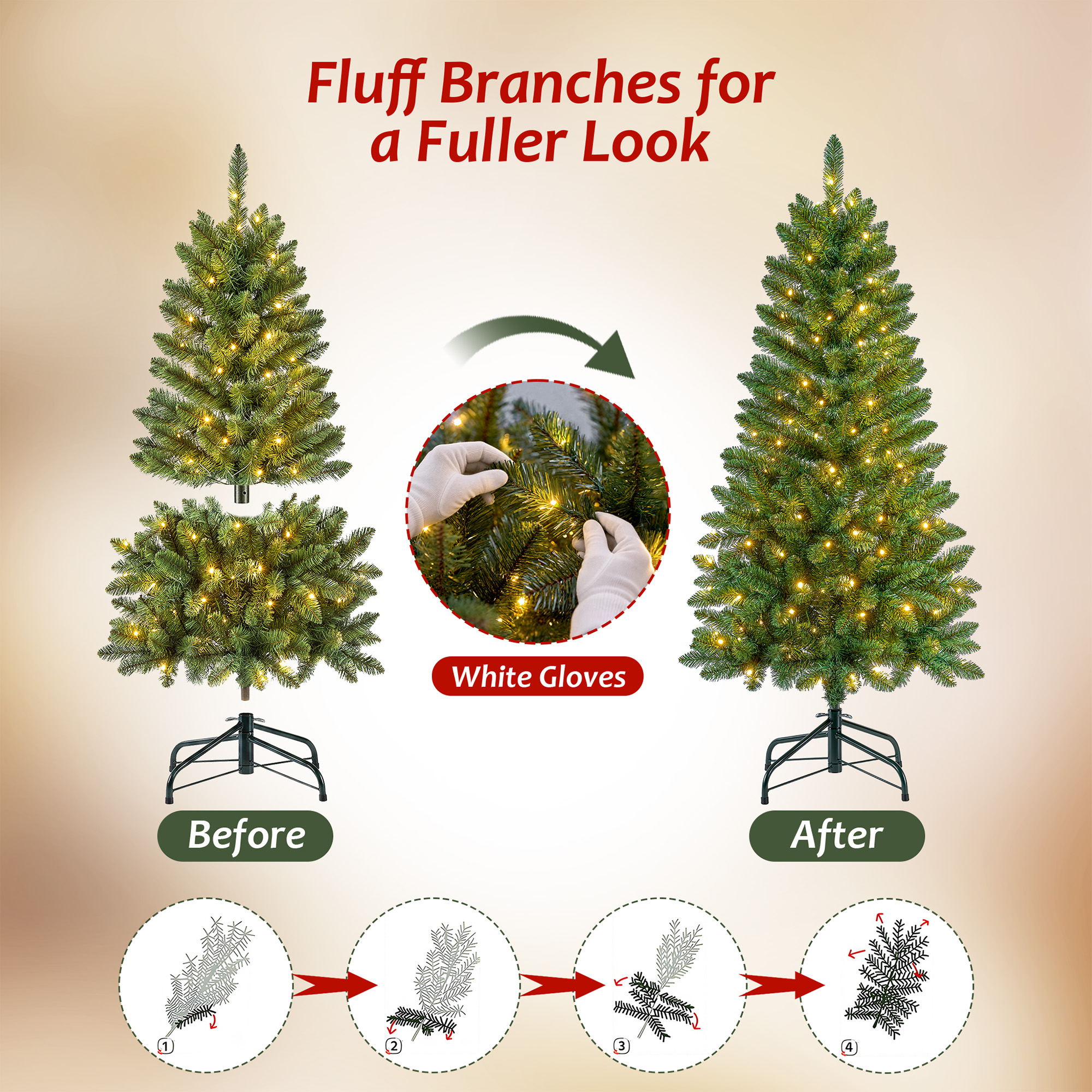 Pre-Lit Christmas Tree, 4ft Artificial Green Christmas Tree with 150 Warm White & Multicolor 10 Modes LED Lights, 360 Lifelike Branch Tips, Metal Stand details