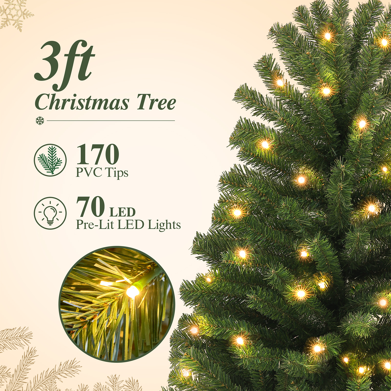 3 FT Pre-Lit Christmas Tree w/ 70 Lights 163 Tips, Hinged Artificial Holiday Xmas Christmas Decoration, Green details