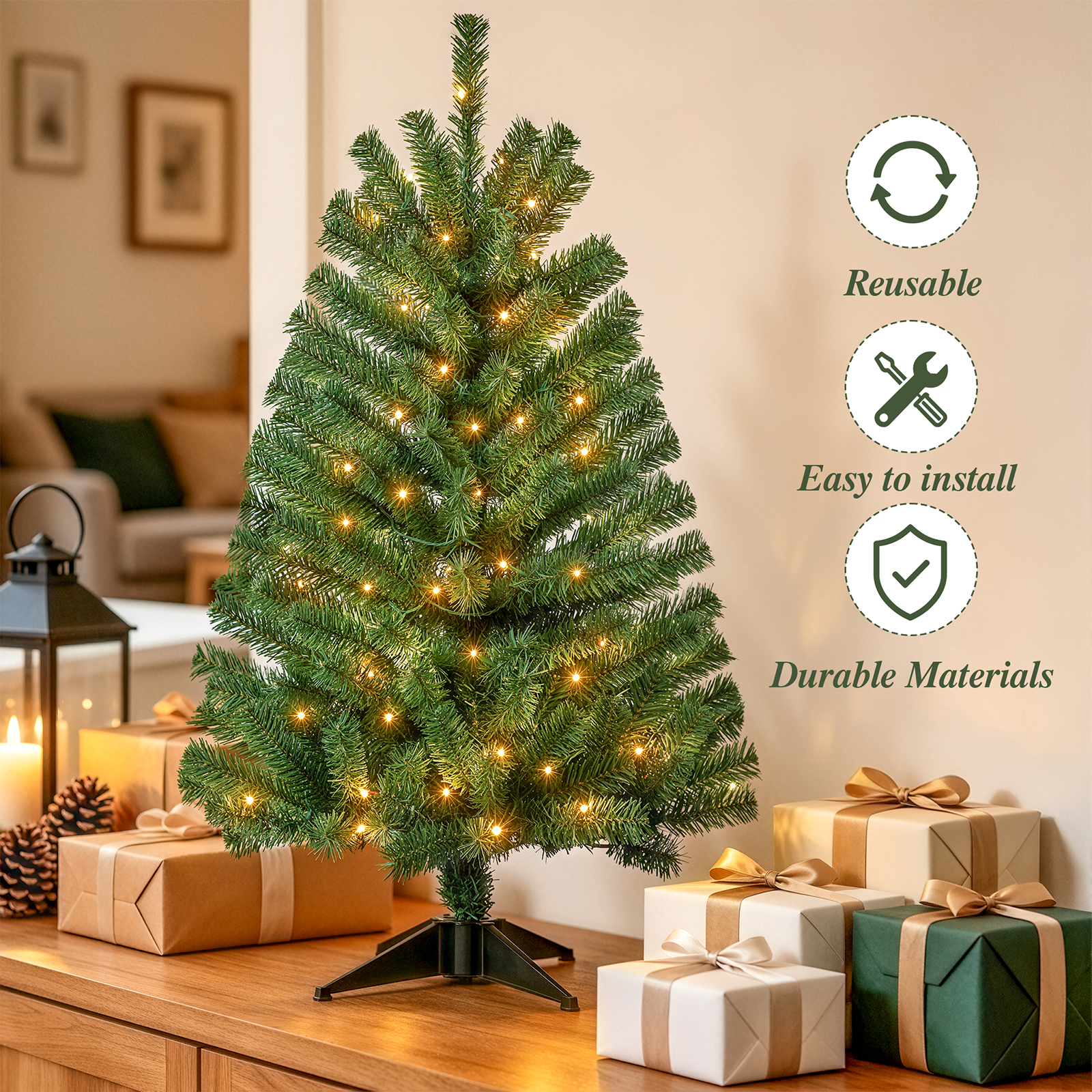 3 FT Pre-Lit Christmas Tree w/ 70 Lights 163 Tips, Hinged Artificial Holiday Xmas Christmas Decoration, Green details