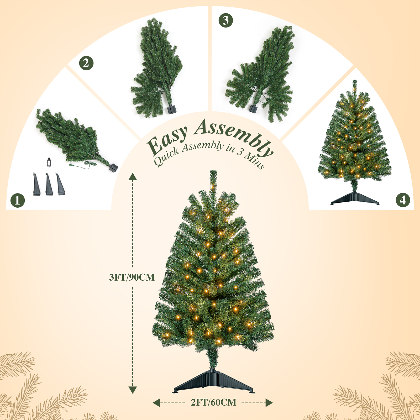 3 FT Pre-Lit Christmas Tree w/ 70 Lights 163 Tips, Hinged Artificial Holiday Xmas Christmas Decoration, Green details