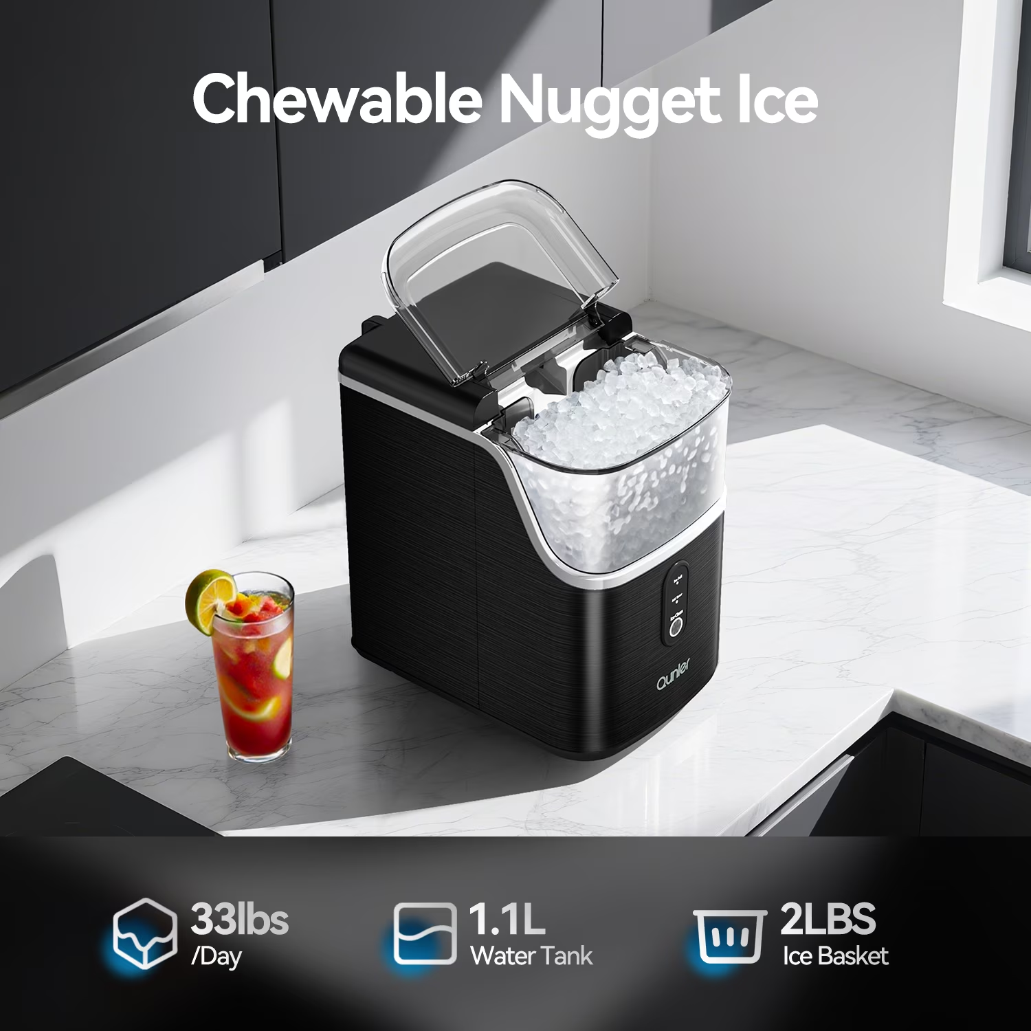 ShinyMe Nugget Ice Maker Countertops, 33lbs Per Day Portable Pebble ice machine, Crushed ice maker with Soft Chewable Ice for Home, Party, RV, Camping, Stainless Steel Black details