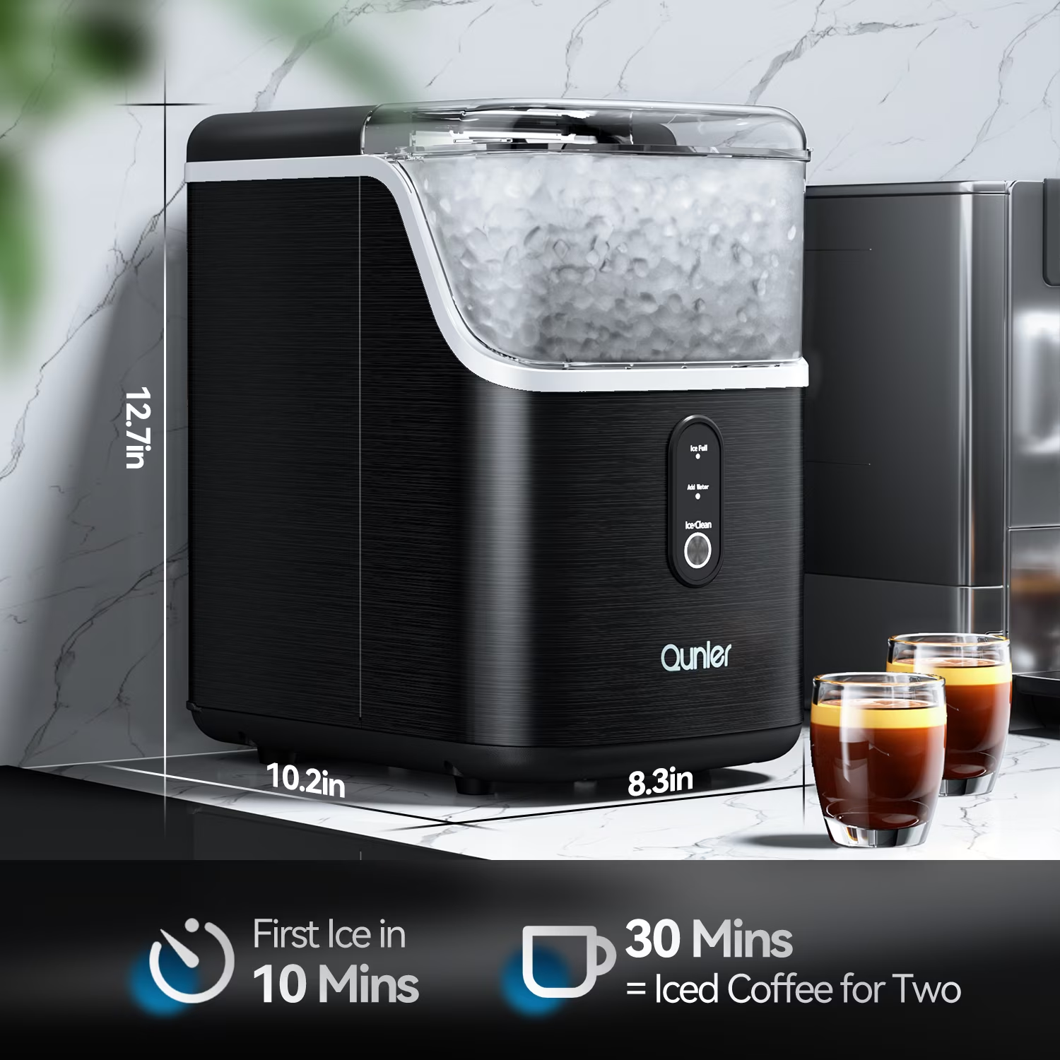 ShinyMe Nugget Ice Maker Countertops, 33lbs Per Day Portable Pebble ice machine, Crushed ice maker with Soft Chewable Ice for Home, Party, RV, Camping, Stainless Steel Black details